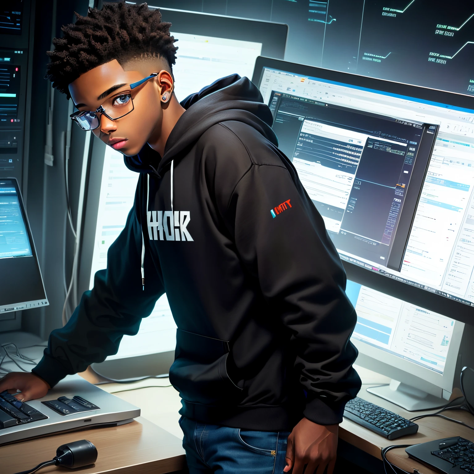 Black boy hoodie binary matrix hacker
