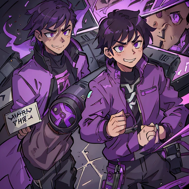 Boy, 17, purple jacket, black pants, brown middle parted hair, smoke, toxic smoke, controlling smoke, gas mask, purple eyes, evil grin, grinning, fighter, masculine, tall, chaotic, crazy, anime, 1 person, evil, super villain, futuristic, My hero acadamia, mha, badass,