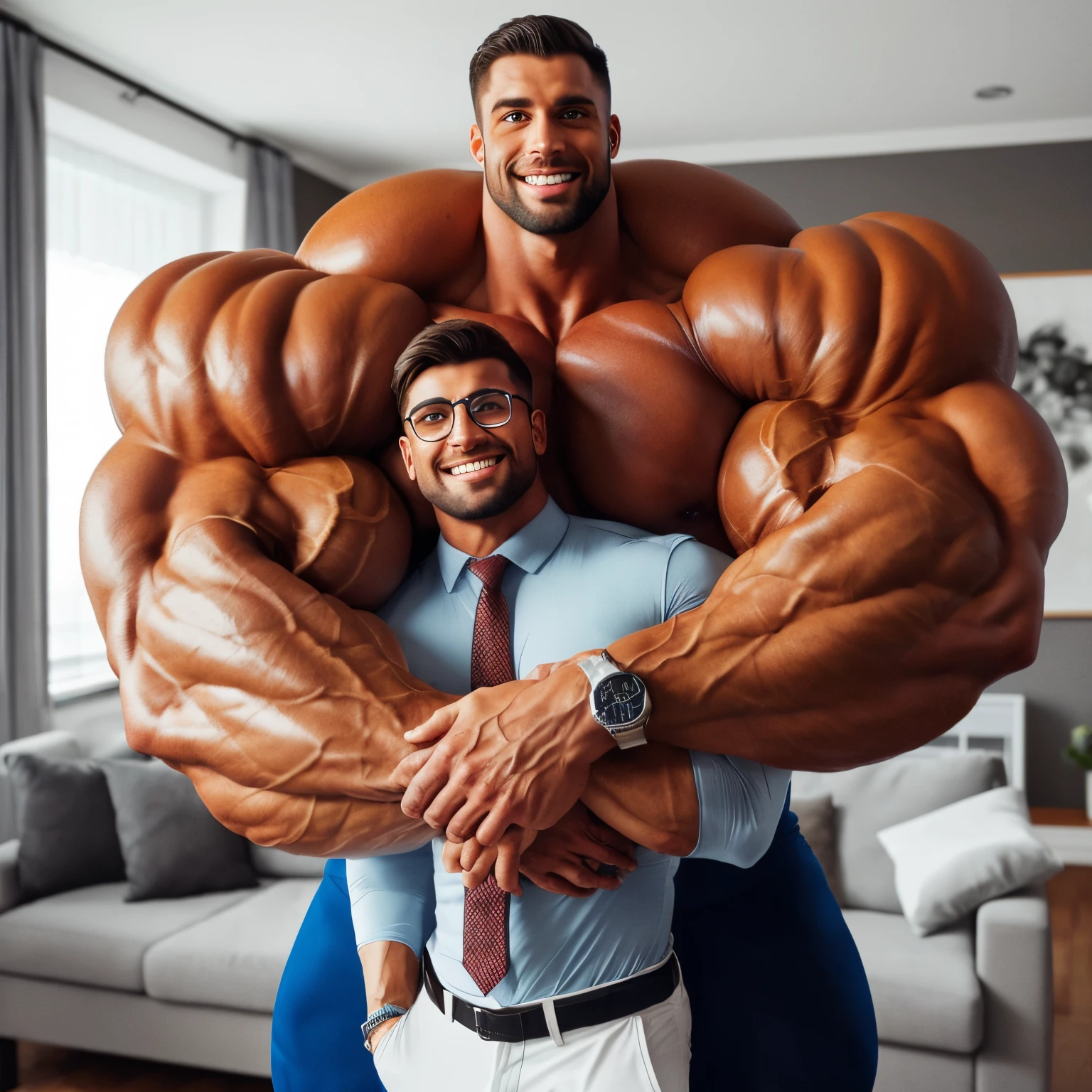 Two giant bodybuilders hugging.