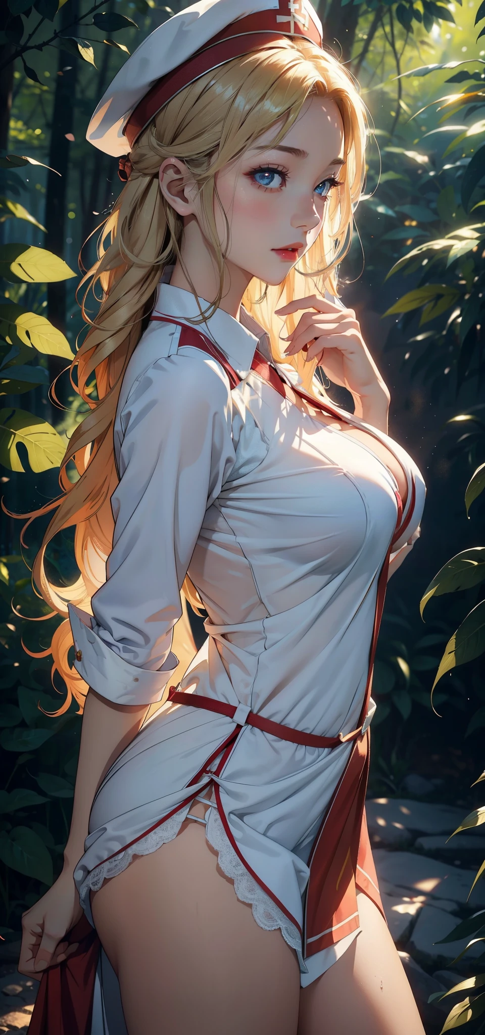 1female，41 years old，熟妇，plumw，Bigchest，Big breasts Thin waist，long leges，nice hand，Pornographic exposure， 独奏，（Background with：ln the forest，the rainforest，in summer，Water on the ground，exteriors） ，Stride，Sweat profusely，drenched all over the body，seen from the front，Blonde Straight Hair ， The hair was long，mostly cloudy sky，（（（tmasterpiece），（Very detailed CG unity 8K wallpaper），best qualtiy，cinmatic lighting，detailed back ground，beatiful detailed eyes，Bright pupils，（Very fine and beautiful），（Beautiful and detailed eye description），ultra - detailed，tmasterpiece，）），face to the viewer，frontage，A high resolution，ultra - detailed）nakeness，Wipe off panties，revealing breasts，Bare genitalia， Bulge，Camel toes，Raised sexy，Lewd expression，Flushed complexion，Open-mouthed，frontage，military hat，（Wearing：Red loose ruffled shirt，White pantyhose，）