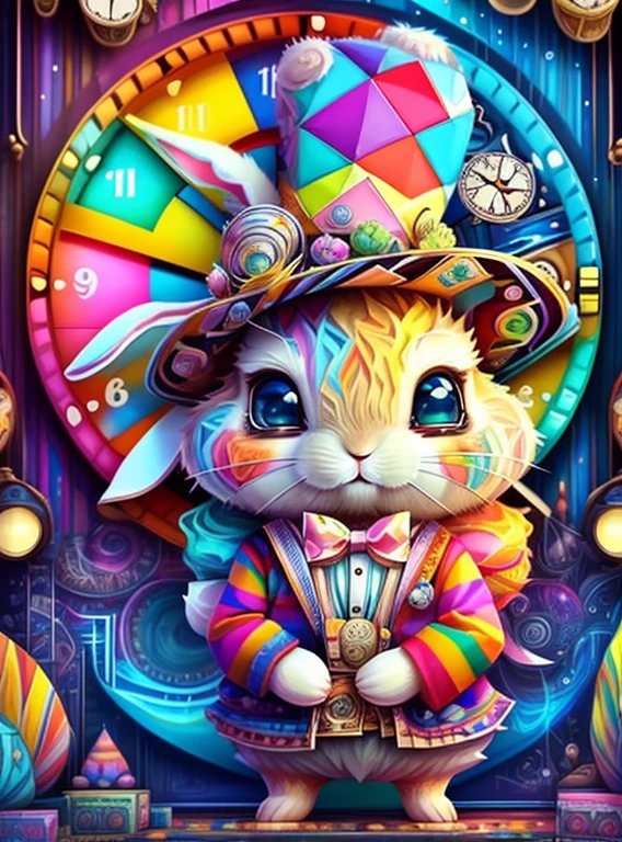 (cute bunny with a hat and a lots of clocks),(melhor pose),(best angle), (better expression), Eduardo Kobra acolchoamento ,multidimensional geometric wall PORTRAIT, arte, Chibi,
Yang08k, lindo, Colouring,
Primary works, qualidade superior, melhor qualidade, Arte Oficial, Beautiful and Aesthetic, pelos coloridos,