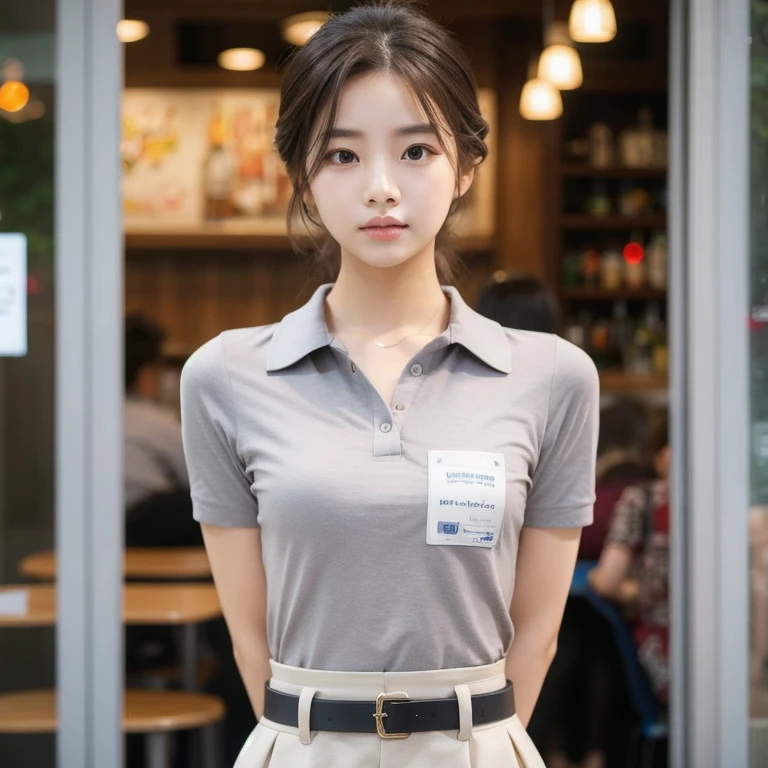 Raped woman in uniform facing at bar table, Work Uniform, short sleeves, girl wearing uniform, Wearing a polo shirt, jk uniform, jaeyeon nam, Work Uniform, Lee Ji-eun, Izzy-silver(Izzy-silver(Lee Ji - Eun)), Korean woman fashion model, Korean Girl, casual clothing style, Office clothes, Uniform, Official, students, Wearing the RR cafeteria uniform