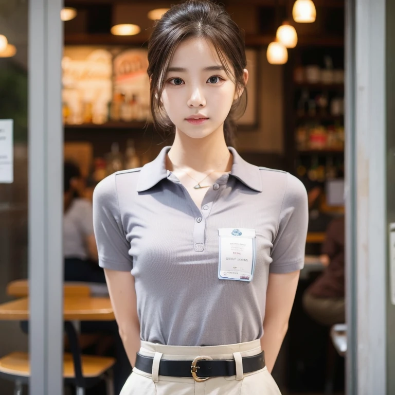 Raped woman in uniform facing at bar table, Work Uniform, short sleeves, girl wearing uniform, Wearing a polo shirt, jk uniform, jaeyeon nam, Work Uniform, Lee Ji-eun, Izzy-silver(Izzy-silver(Lee Ji - Eun)), Korean woman fashion model, Korean Girl, casual clothing style, Office clothes, Uniform, Official, students, Wearing the RR cafeteria uniform