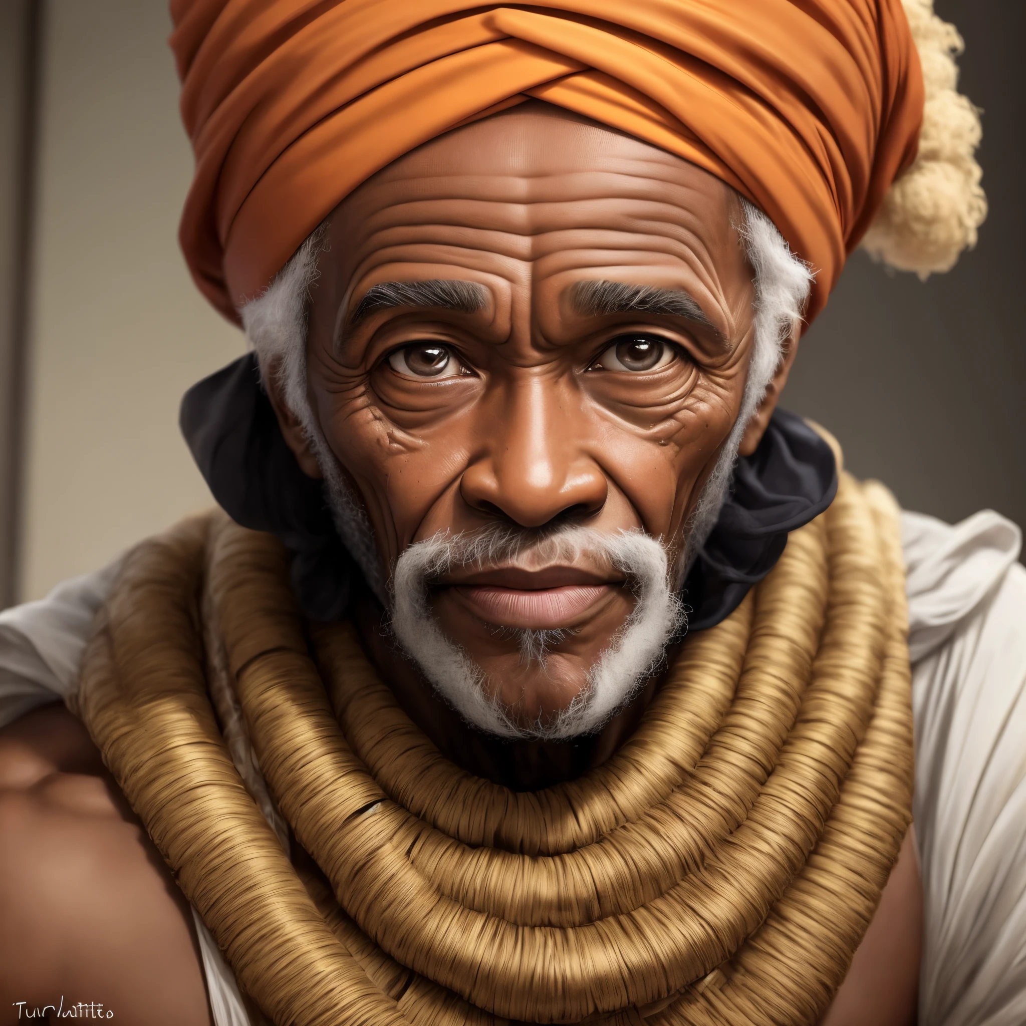 Homem velho africano, de turbante, com muitas rugas, emphasis on the face and expressiveness, com muitos detalhes
