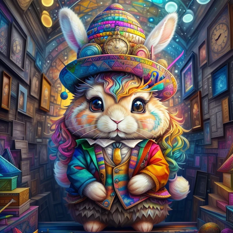 (cute bunny with a hat and a lots of clocks),(melhor pose),(best angle), (better expression), Eduardo Kobra acolchoamento ,multidimensional geometric wall PORTRAIT, arte, Chibi,
Yang08k, lindo, Colouring,
Primary works, qualidade superior, melhor qualidade, Arte Oficial, Beautiful and Aesthetic, pelos coloridos,