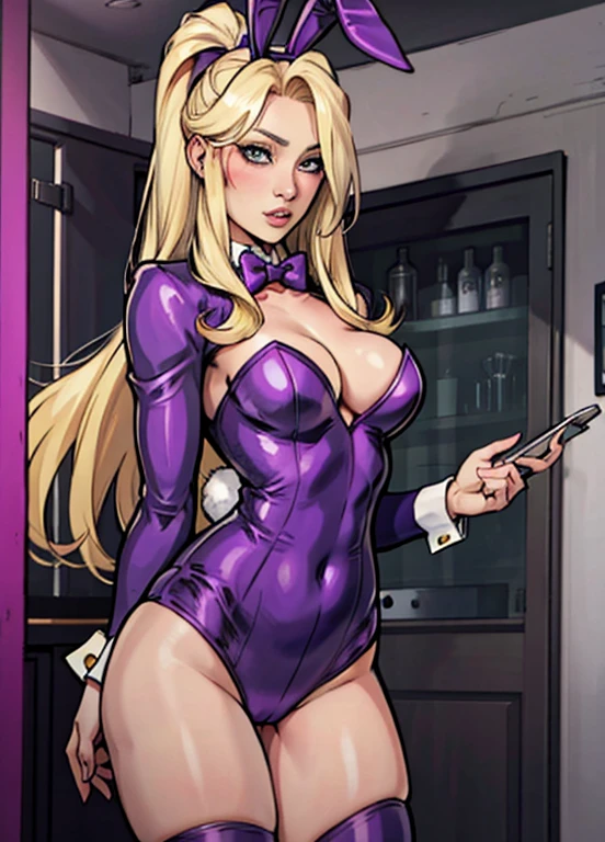 Beautiful women with long blonde and grey eyes in a purple play boy bunny costume