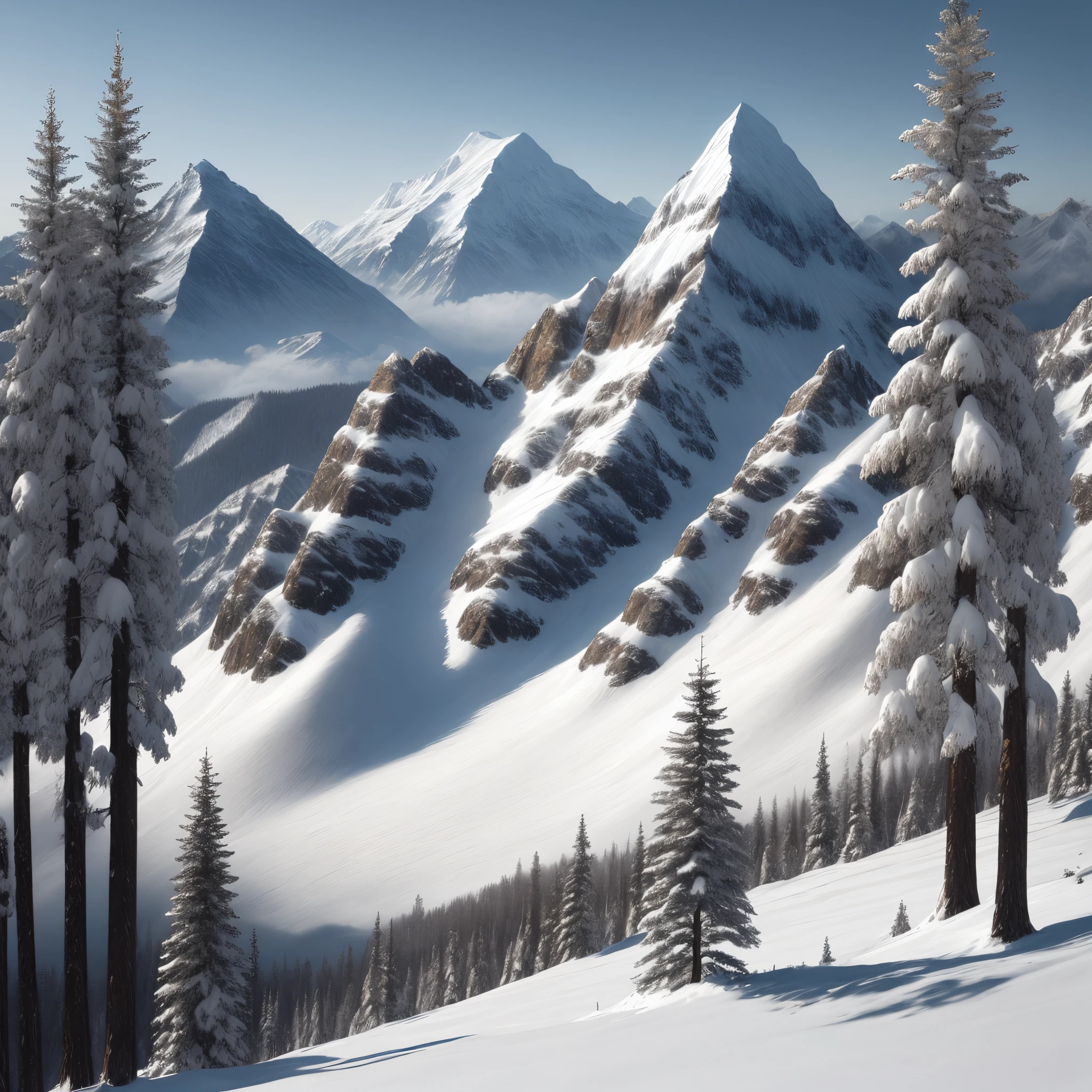 A snowy mountain with gray tones and forests with few trees