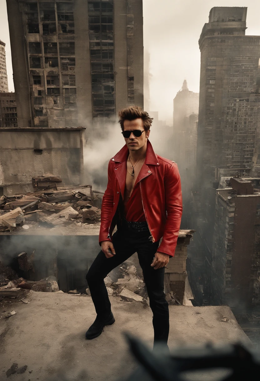 A photo of Tyler Durden leading a group of rebellious individuals, all wearing the iconic red jacket, gathering on the rooftop of an abandoned building, overlooking the cityscape,original,Visually, Tyler is depicted as the epitome of a certain rugged, careless coolness, with a chiseled physique, unkempt hair, and a devil-may-care attitude expressed through his disheveled yet somehow stylish clothing. He frequently sports a red leather jacket, flashy shirts, and a penchant for soap making, which serves as a metaphor for his ability to cleanse and rebuild the identities of his followers., male