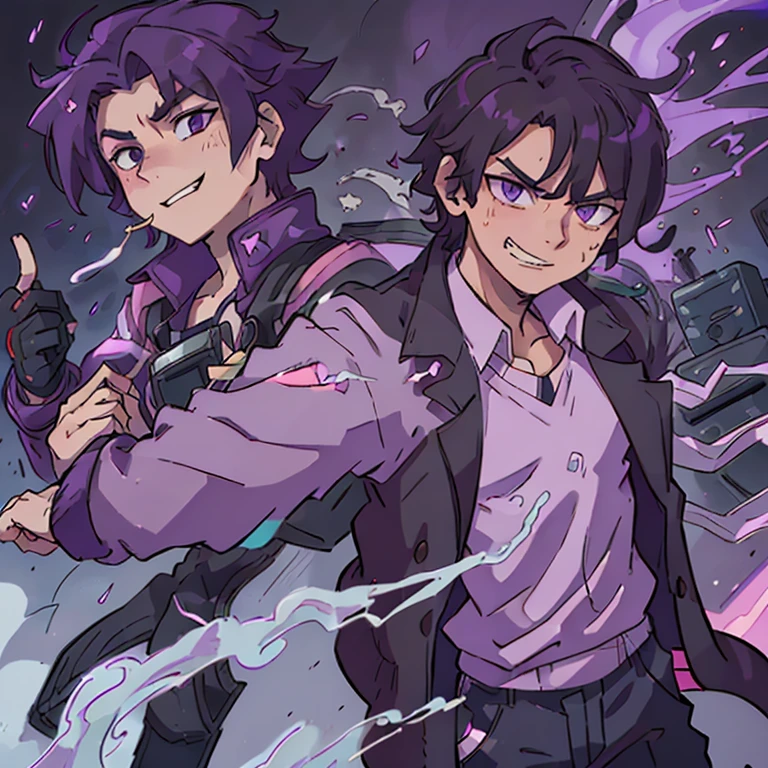 Boy, 17, purple lab coat, black pants, brown middle parted hair, smoke, toxic smoke, controlling smoke, gas mask, purple eyes, evil grin, grinning, fighter, masculine, tall, chaotic, crazy, anime, 1 person, evil, super villain, futuristic, My hero acadamia, mha, badass,