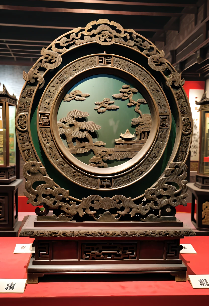 (Best quality,4K,A high resolution,ultra - detailed,actual:1.2),Ancient Chinese Bronze Theme Park，Ancient Chinese bronze mirrors on display shelves,