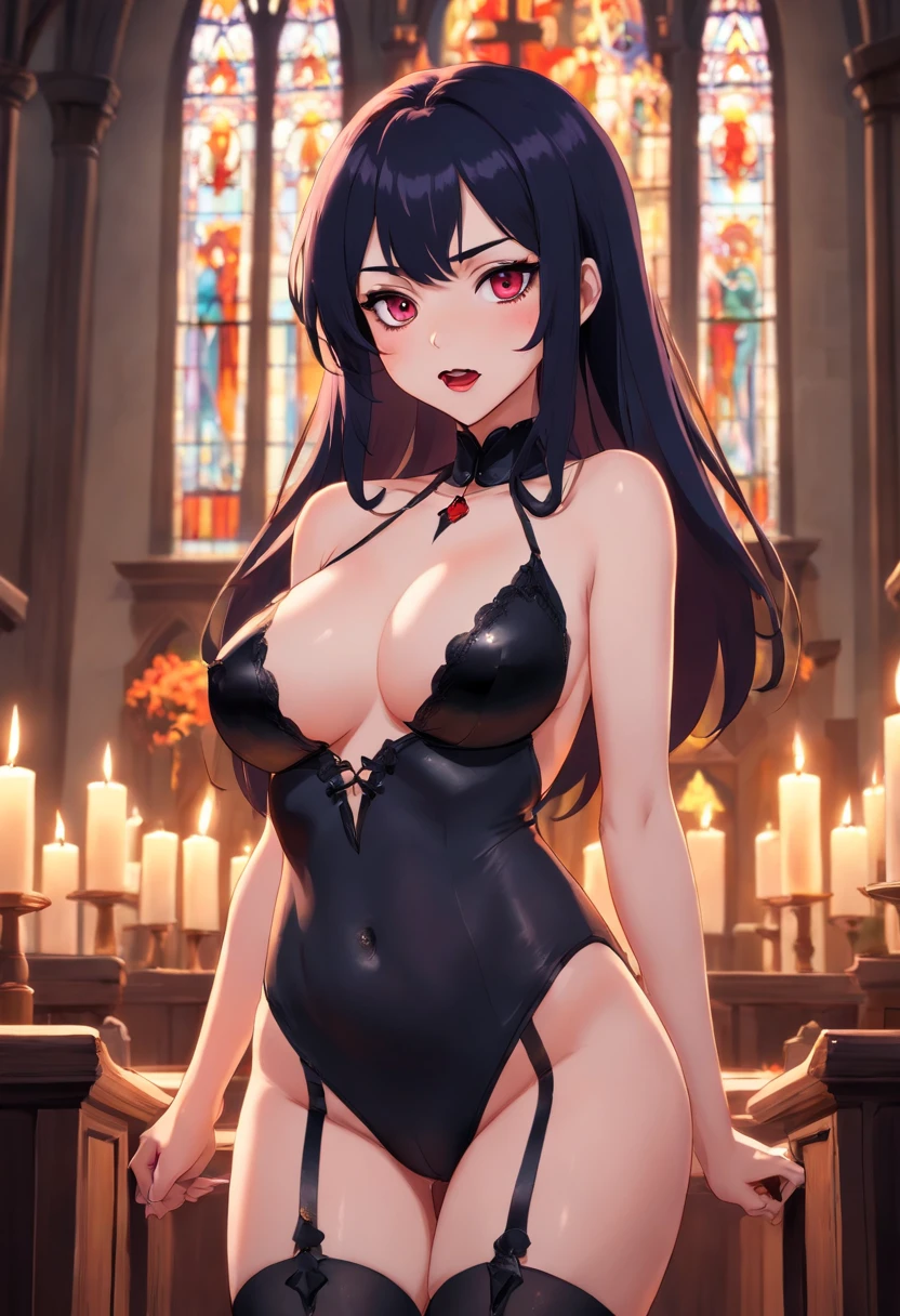 amazing artwork of sexy cute goth vampire woman, long hair, ahegao, materpiece, d, amazing lighting, in a church, artstation, award winning, stunning, aesthetic, depth, shading. A full shot of a beautiful vampire goth woman with vampire fangs, black hair white skin, big boob's, cinematic lighting, candle lit, wearing stockings, no clothes, naked, delicate nipples, soft tight pussy.Realistic, photorealism, 4k. Sexy gaze,