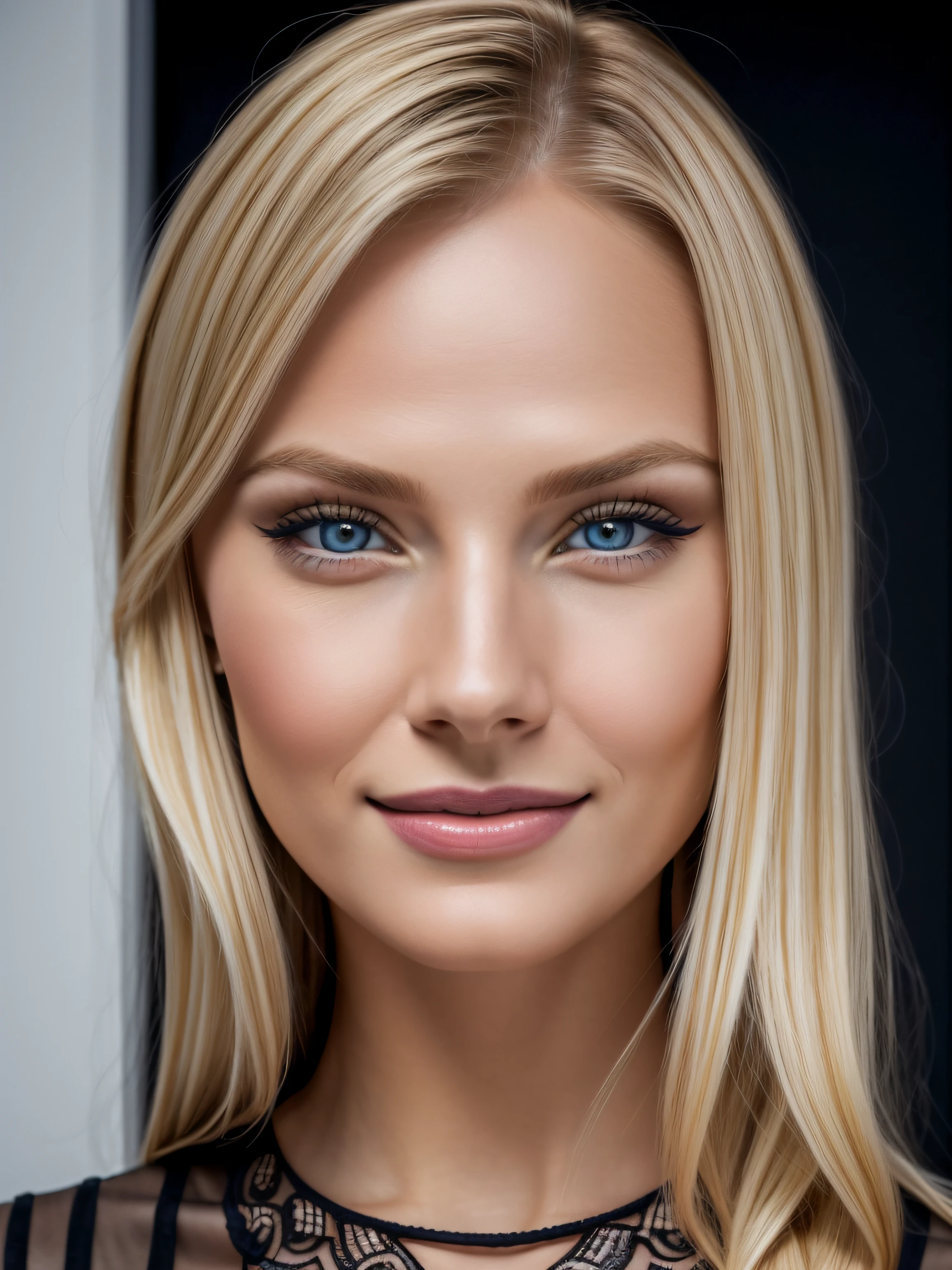 (Masterpiece), (Realistic), (Ultra realistic), (best quality), (8K), ultra-detailed, UHD, RAW, (1 woman), looking_at_viewer, beautiful+attractive+elegant+cute, young beautiful woman, most beautiful woman in the world, most small beautiful European nose, perfect thin nose-shape, very thin nose, very thin nostrils, prominent high cheekbones, cheek dimples:1.4, beautiful red lips, blonde hair, beautiful realistic almond eyes, realistic blue eyes, extremely beautiful woman, very attractive, black eyeliner, smiling+flirting expression, very charming, wearing a black dress, white backdrop