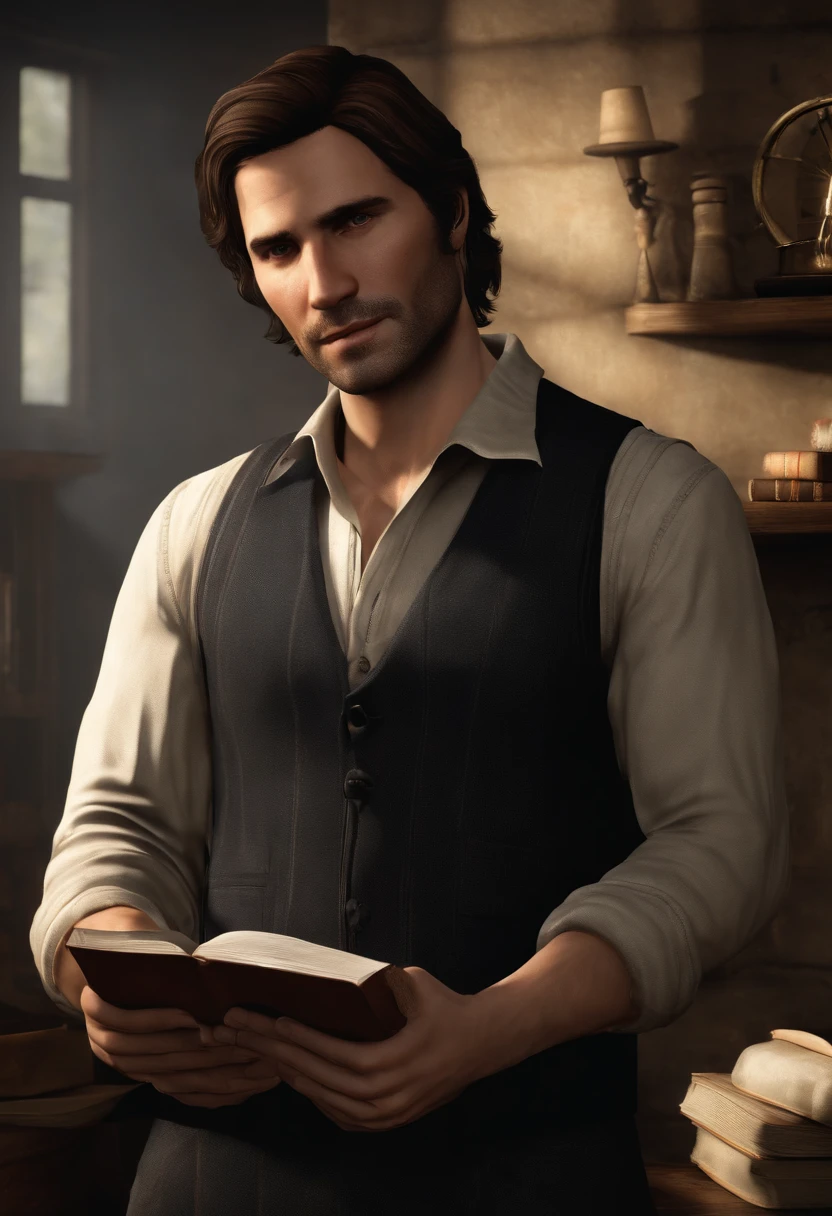 The image is of a secluded, candle-lit room with antique furnishings and shelves lined with old, leather-bound books, casting dancing shadows as the flames flicker.,Alan Wake game series,Alan Wake is depicted as a middle-aged man with a distinctive appearance that reflects his personality and experiences.

1. Facial Features: Alan Wake has a rugged and somewhat weathered face, suggesting the weight of his experiences. He often sports a short beard or stubble, adding to his slightly disheveled appearance. His facial expressions convey a range of emotions, from determination to weariness, reflecting the challenges he faces.

2. Hair: Alan Wake has dark brown hair that is typically styled in a slightly unkempt manner. His hair may appear tousled or windswept, giving him a somewhat disheveled yet stylish look. As the game progresses, his hair may become more disheveled, reflecting the toll of his journey.

3. Clothing Style: Alan Wake's clothing style is casual and practical, reflecting his no-nonsense approach to life. He is often seen wearing dark-colored jeans or cargo pants, paired with a button-down shirt, and a jacket or a hoodie. His attire is functional, allowing him freedom of movement during his encounters with supernatural forces.

4. Accessories: Alan may be seen wearing accessories that reflect his writer's persona. He might have a worn leather bracelet or a pendant around his neck, symbolizing his connection to his craft and the power of storytelling. Additionally, he may carry a small notebook or a pen, ready to capture ideas and inspirations that come to him.

5. Body Language: Alan Wake's body language often reflects a sense of determination and focus. He may exhibit signs of weariness or tension, especially during intense or suspenseful moments. His posture may become more relaxed during quieter moments, showcasing a contemplative and introspective demeanor.

6. Face: Alan Wake has a square-shaped face with defined jawline and slightly pronounced cheekbones. His complexion is fair, with a hint of a tan, indicating his time spent outdoors. His forehead may show faint lines of worry, reflecting the weight of his experiences and the challenges he has faced.

7. Eyes: Alan's eyes are one of his most striking features. They are a deep shade of brown, often described as intense and expressive. They carry a mix of determination and weariness, reflecting the emotional and physical toll of his journey. In moments of heightened tension or concentration, his eyes may exhibit a steely focus.

8. Hair: Alan Wake's dark brown hair is typically kept at a medium length, falling just above his shoulders. It has a slightly messy and tousled appearance, as if windblown or from running his fingers through it. The hair may have natural waves or slight curls, adding to his casual and slightly disheveled style.

9. Facial Hair: Alan often sports a well-groomed but scruffy beard that accentuates his rugged look. The beard is short to medium length, providing a touch of maturity and adding to his slightly worn appearance. It may be neatly trimmed along the jawline and upper lip, but not meticulously styled.

10. Clothing Style: Alan usually dresses in practical and comfortable attire suitable for his adventures. He may wear dark-colored jeans that are slightly faded or worn, paired with a plain or subtly patterned button-down shirt. Over the shirt, he may wear a worn leather jacket or a hoodie, providing protection from the elements while maintaining a casual and slightly rugged aesthetic.

11. Accessories: As a writer, Alan may be seen wearing a few accessories that reflect his profession and personality. He might have a leather wristband or bracelet adorned with small charms or symbols that hold personal significance. Additionally, he may wear a pendant around his neck, possibly featuring a symbol related to the themes explored in his writings.

12. Posture and Body Language: Alan Wake carries himself with a mixture of confidence and weariness, mirroring his experiences and challenges. He may stand tall and self-assured during moments of determination, but his posture can also reveal a sense of burden or fatigue. When engaged in intense situations, his body language may become more alert and focused, displaying a readiness to confront the unknown.

13. Face: Alan Wake has a strong, angular face with a defined jawline and high cheekbones. His facial structure gives him a rugged and masculine appearance. Lines of age and experience are etched subtly around his eyes and forehead, indicating a life filled with challenges and emotional depth.

14. Eyes: Alan's eyes are deep-set and captivating. They are a rich, dark brown, often described as windows to his soul. His eyes hold a mix of intensity and vulnerability, displaying a keen intelligence and a hint of sadness. They are framed by thick, slightly arched eyebrows that add to his expressive gaze.

15. Nose: Alan has a straight and slightly prominent nose that adds to his strong and assertive facial features. It provides a sense of character and determination, complementing his overall appearance.

16. Lips: His lips are well-defined and often wear a subtle, enigmatic smile. There is a touch of weariness in their curve, hinting at the burden he carries, but also a glimmer of hope and resilience.

17. Hair: Alan Wake's dark brown hair has natural waves and texture. It falls in loose, tousled layers, framing his face and giving him a slightly disheveled yet effortlessly stylish look. His hair may have streaks of lighter tones, suggesting sun exposure from his outdoor adventures.

18. Facial Hair: Alan often maintains a short, well-groomed beard that accentuates his rugged charm. The beard is neatly trimmed, highlighting his strong jawline and adding a touch of maturity to his appearance. It may be slightly scruffy in places, giving him a raw and authentic appeal.

7. Clothing Style: Alan's clothing style is a blend of practicality and a hint of literary flair. He may be seen wearing dark-colored jeans or cargo pants that fit comfortably but allow freedom of movement. His choice of shirts varies, ranging from solid-colored button-downs to plaid or subtly patterned shirts, reflecting his casual yet slightly unconventional personality. As outerwear, he often dons a worn leather jacket, adding a touch of ruggedness and a nod to his writer persona.

19. Accessories: Alan may accessorize with a few meaningful items. He might wear a silver ring on one of his fingers, adorned with a symbol that holds personal significance. Additionally, he may carry a weathered leather satchel or a messenger bag, containing a notebook, pens, and other essentials for his writing and investigative pursuits.

20. Scars or Marks: Depending on the events of the game, Alan Wake may have small, faint scars or marks on his face or hands, serving as reminders of the physical and emotional battles he has faced.

He is almost exactly looking like Ilkka Villi, just with a more pronounced beard., male