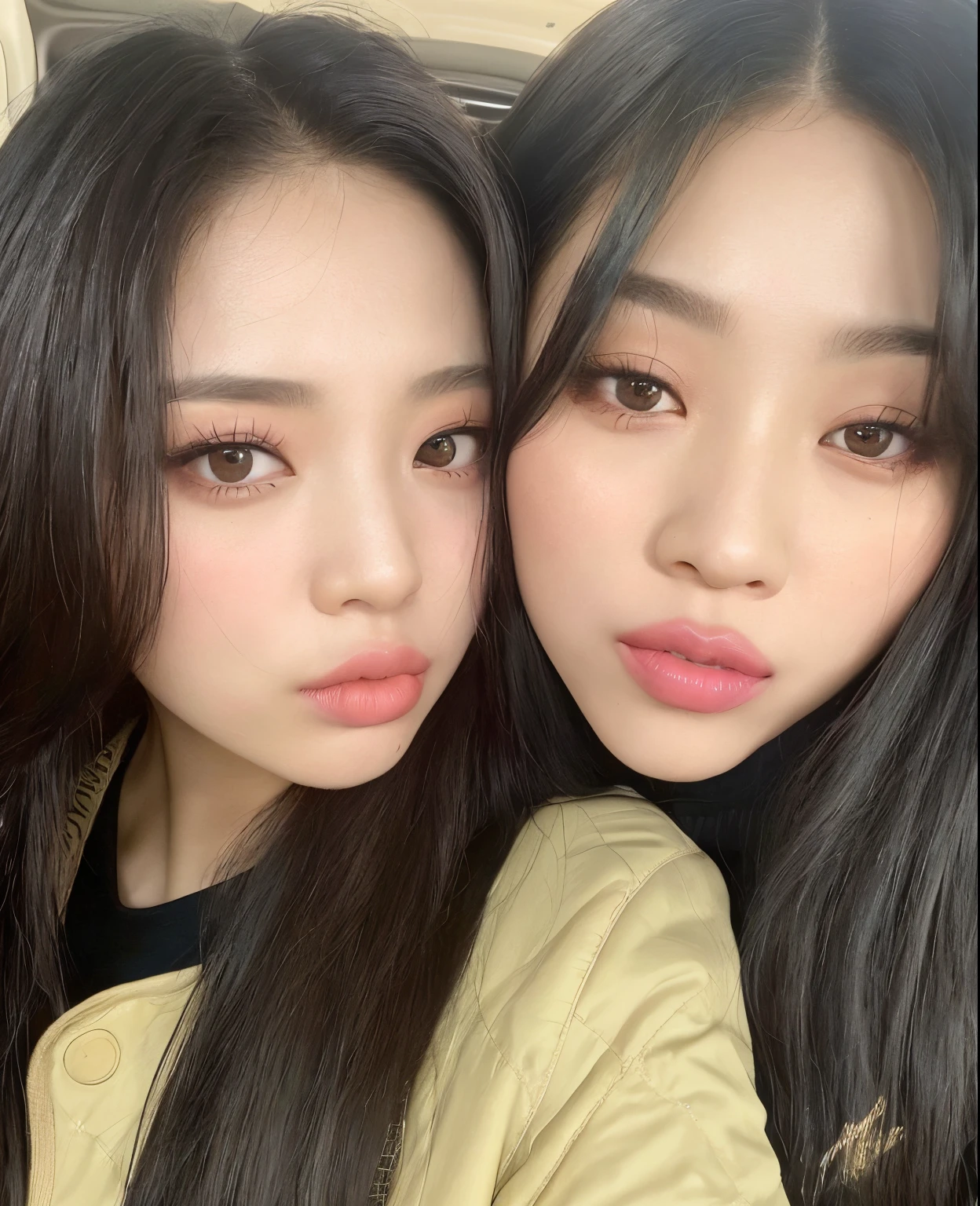 Dos mujeres con el pelo largo posando para una foto en un coche, ulzzang, Rasgos de la cara coreana, Blackpink Jennie, Ambos tienen los labios rojos, maquillaje popular de Corea del Sur, rosa negro, Korean symmetrical face, con una gemela, maquillaje coreano popular, con negro, Jossi de Blackpink, Caras preciosas, dos chicas, Terceros ojos en la mitad de la frente, Jisoo de Blackpink