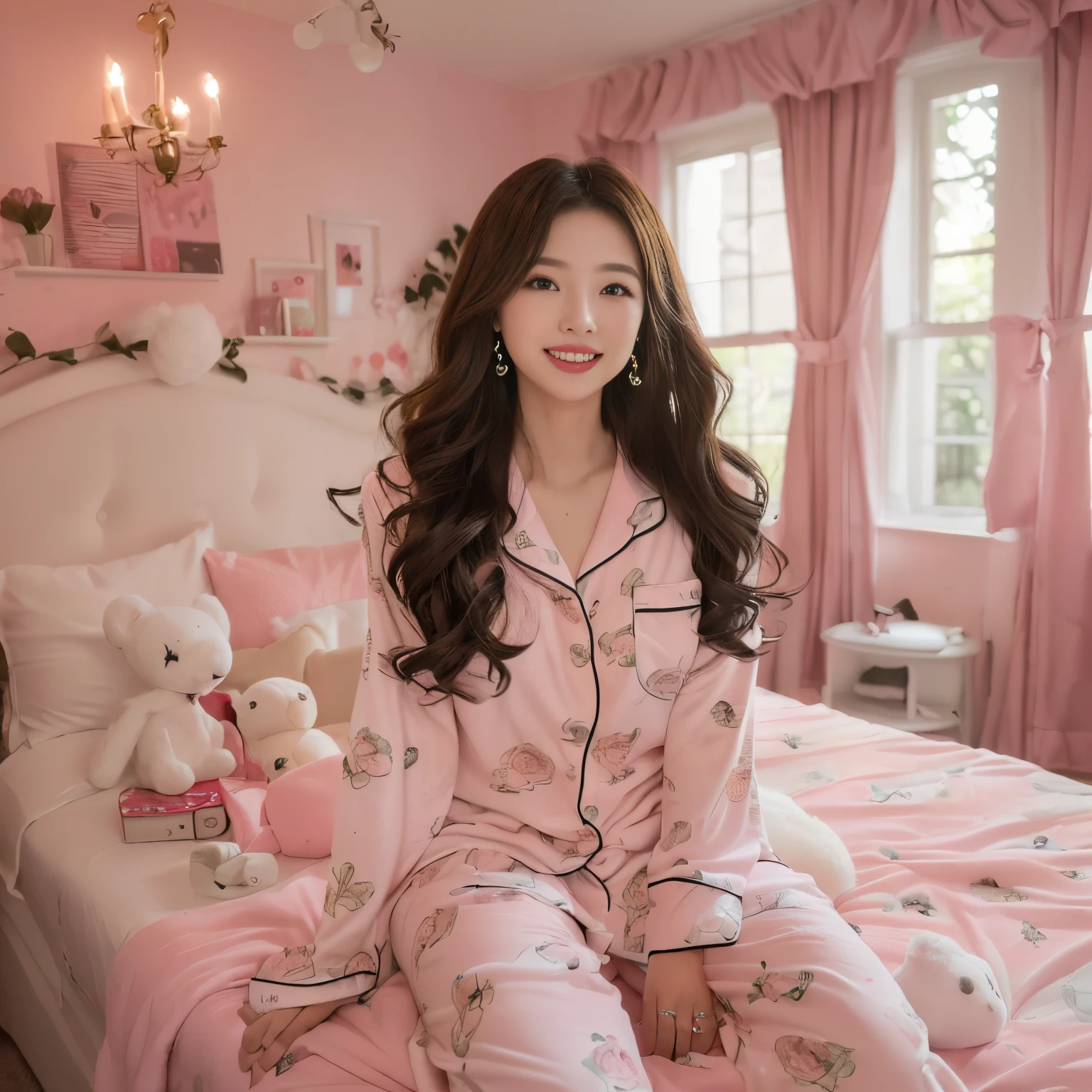 photo of a skinny Japanese girl with long wavy hair, bang, wearing (full pajamas:1.3), sitting on bed in a cute girly bedroom adorned with pastel hues and playful decor. The walls are painted in soft pinks or lavender, with a delicate floral or heart-patterned wallpaper as an accent. A canopy bed with sheer, flowy curtains creates a dreamy atmosphere. Plush stuffed animals and fluffy throw pillows in various shades of pink adorn the bed, realistic, photorealistic,
High quality, RAW photograph, detailed background, intricate, highly detailed, sharp focus, high resolution, 8k, uhd, dslr, realistic eyes, perfect eyes,