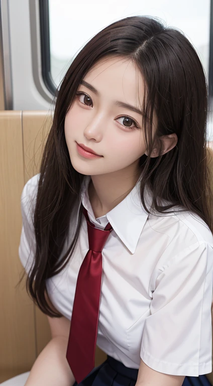 (masutepiece, Best Quality:1.2), 8K, 18year old, 85 mm, Official art, Raw photo, absurderes, White dress shirts, Pretty Face, close up, Upper body, violaceaess, gardeniass, Beautiful Girl, School uniform, (Navy pleated skirt:1.1), Cinch West, thighs thighs thighs thighs, Short sleeve, on train, Sit on a bench seat, Looking at Viewer, No makeup, (Smile:0.4), Film grain, chromatic abberation, Sharp Focus, face lights, clear lighting, , Detailed face, Bokeh background, (dark red necktie:1.1)、Colossal tits