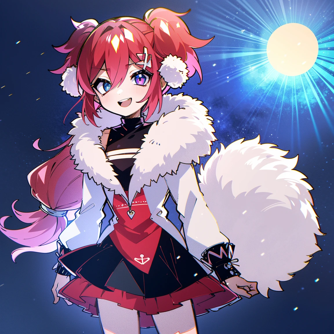 2 d anime style, anime moe art style, Jazz & Increased, cute art style, Anime-style illustration, anime girl, Author: Kamagurka, in Pixiv, pixiv style, pixiv, in anime style, anime art style, Full Body Commission,
bright colours, Girl, Masterpiece, sharp-focus, Best Quality, Depth of field, Cinematic lighting, multi-colored hair, red hair, pink hair, blue eyes, thights, thights, White Thighs, fur jacket, black footwear, Smile, snowing, bow, pony tail, upskirt, blusher, long sleeves, 가슴