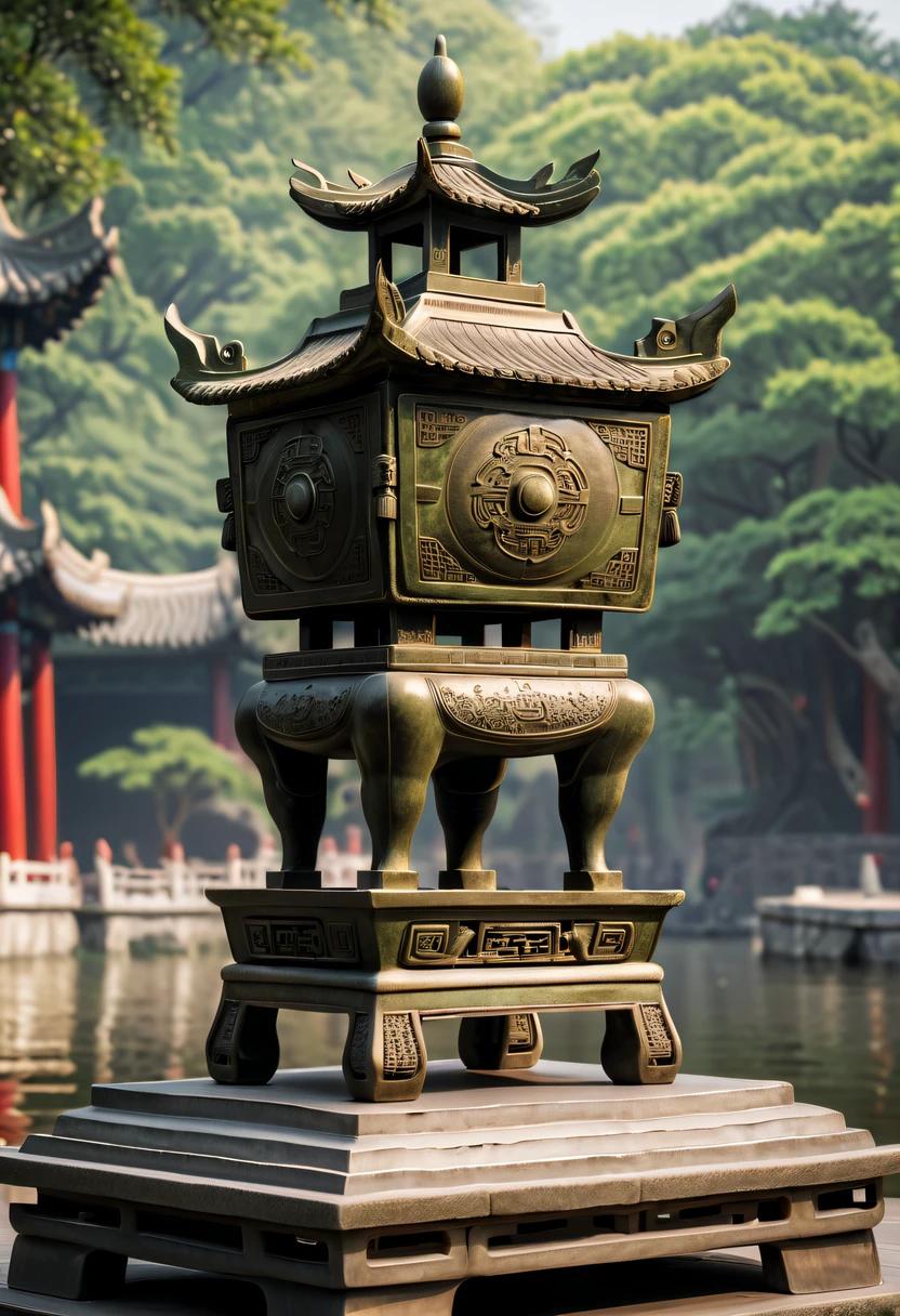 (Best quality,4K,A high resolution,ultra - detailed,actual:1.2),Ancient Chinese Bronze Theme Park,Ancient Chinese bronze square-shaped binaural ritual vessel,