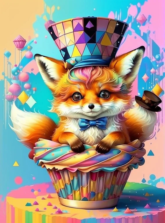 (cute baby fox with top hat with big cupcake),(melhor pose),(best angle), (better expression), Eduardo Kobra acolchoamento ,multidimensional geometric wall PORTRAIT, arte, Chibi,
Yang08k, lindo, Colouring,
Primary works, qualidade superior, melhor qualidade, Arte Oficial, Beautiful and Aesthetic, pelos coloridos,