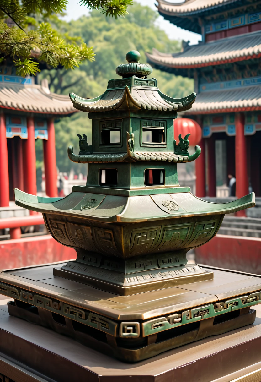 (Best quality,4K,A high resolution,ultra - detailed,actual:1.2),Ancient Chinese Bronze Theme Park,Ancient Chinese bronze square-shaped binaural ritual vessel,