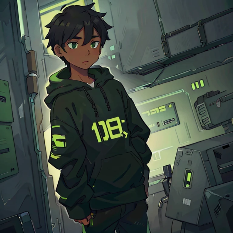 Black boy, green and black clothing, binary numbers green, hoodie