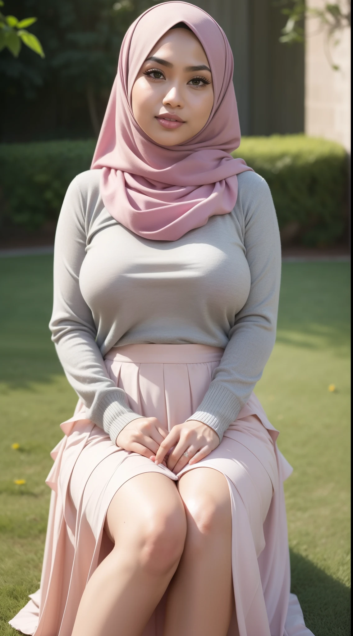 RAW, Best quality, high resolution, works: 1.3), beautiful Malay woman in hijab (iu:0.8)1Beautiful Malay woman, beautiful face, watery eyes, perfect lips, big eyes, ((big breasts)),perfect body, thick thighs ,soft smiling, wearing a gray pleated red sweater and skirt, feminine in cute pastel colors, pleated skirt, feminine in pastel colors, wearing a long fluent skirt, layered clothes, wearing long flowing fabrics, pastel style, pastel clothes, in pastel colors, muted pink and grey, muted and pastel colors, in pastel colors, sitting on green garden grass, close up