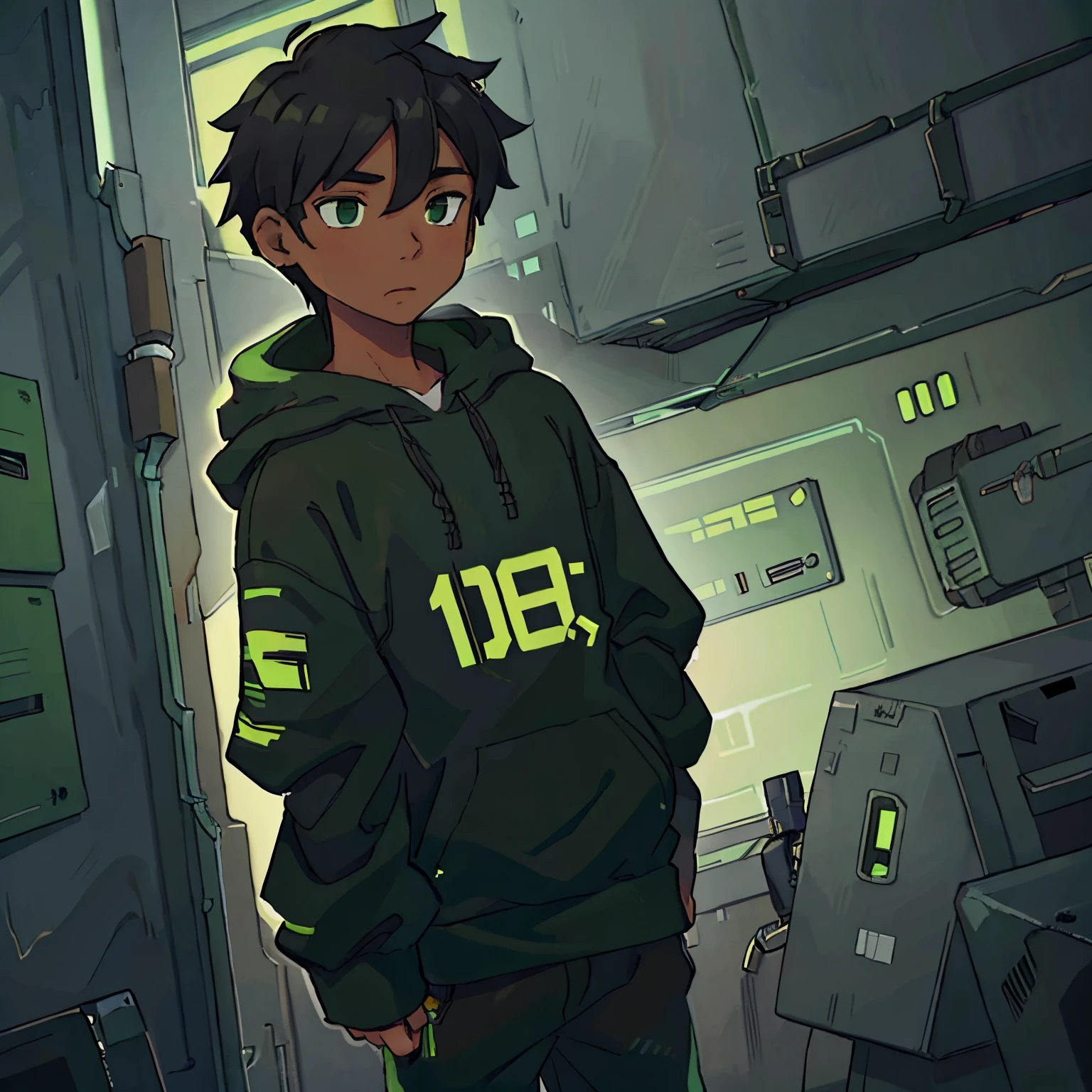 Black boy, green and black clothing, binary numbers green, hoodie
