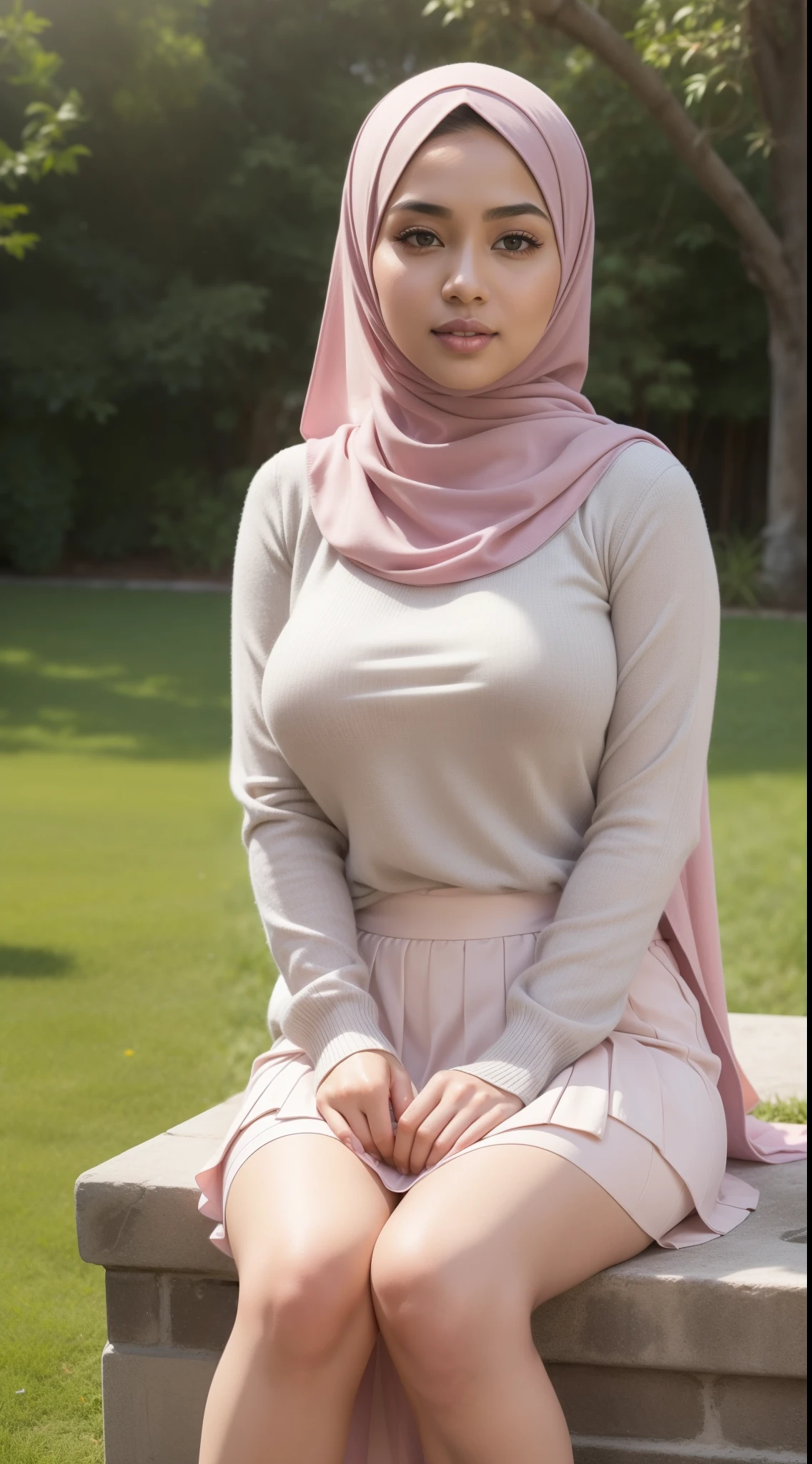 RAW, Best quality, high resolution, works: 1.3), beautiful Malay woman in hijab (iu:0.8)1Beautiful Malay woman, beautiful face, watery eyes, perfect lips, big eyes, ((big breasts)),perfect body, thick thighs ,soft smiling, wearing a gray pleated red sweater and skirt, feminine in cute pastel colors, pleated skirt, feminine in pastel colors, wearing a long fluent skirt, layered clothes, wearing long flowing fabrics, pastel style, pastel clothes, in pastel colors, muted pink and grey, muted and pastel colors, in pastel colors, sitting on green garden grass, close up