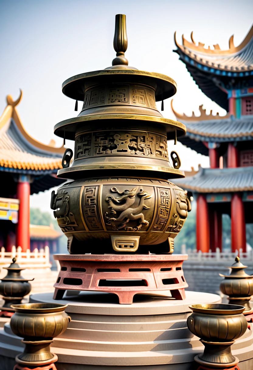 (Best quality at best,4K,A high resolution,ultra - detailed,actual:1.2),Ancient Chinese Bronze Theme Park,Ancient Chinese bronze ritual vessels,