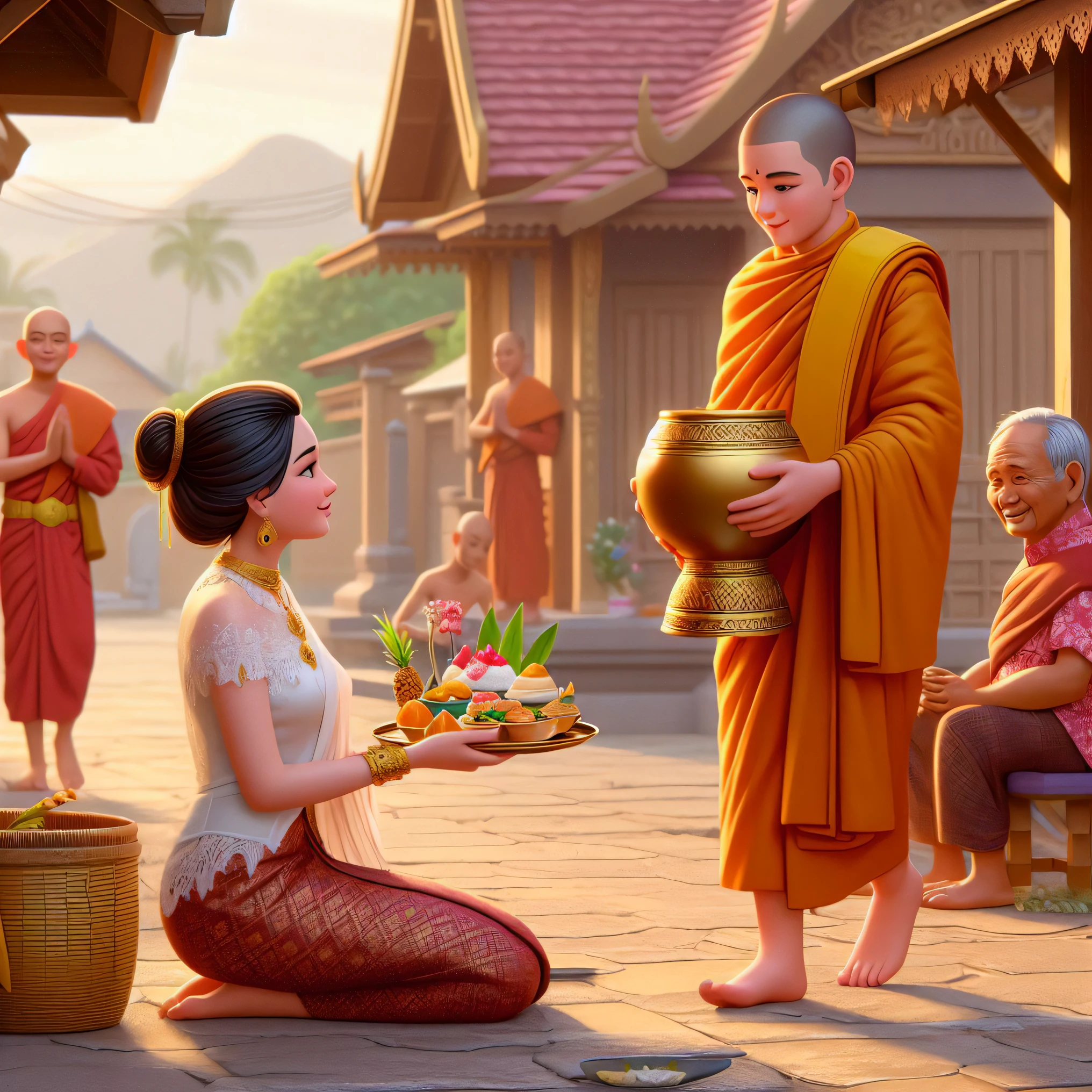 disney's princess jasmine is giving a flower to a monk, tithi luadthong, thailand art, by John La Gatta, beautiful depiction, in style of thawan duchanee, atey ghailan and steve mccurry, nivanh chanthara, vietnamese temple scene, beautiful digital artwork, rob rey and kentarõ miura