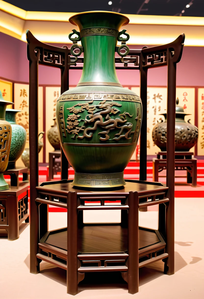 (Best quality at best,4K,A high resolution,ultra - detailed,actual:1.2),Ancient Chinese Bronze Theme Park,Ancient Chinese bronze vases on display rack,