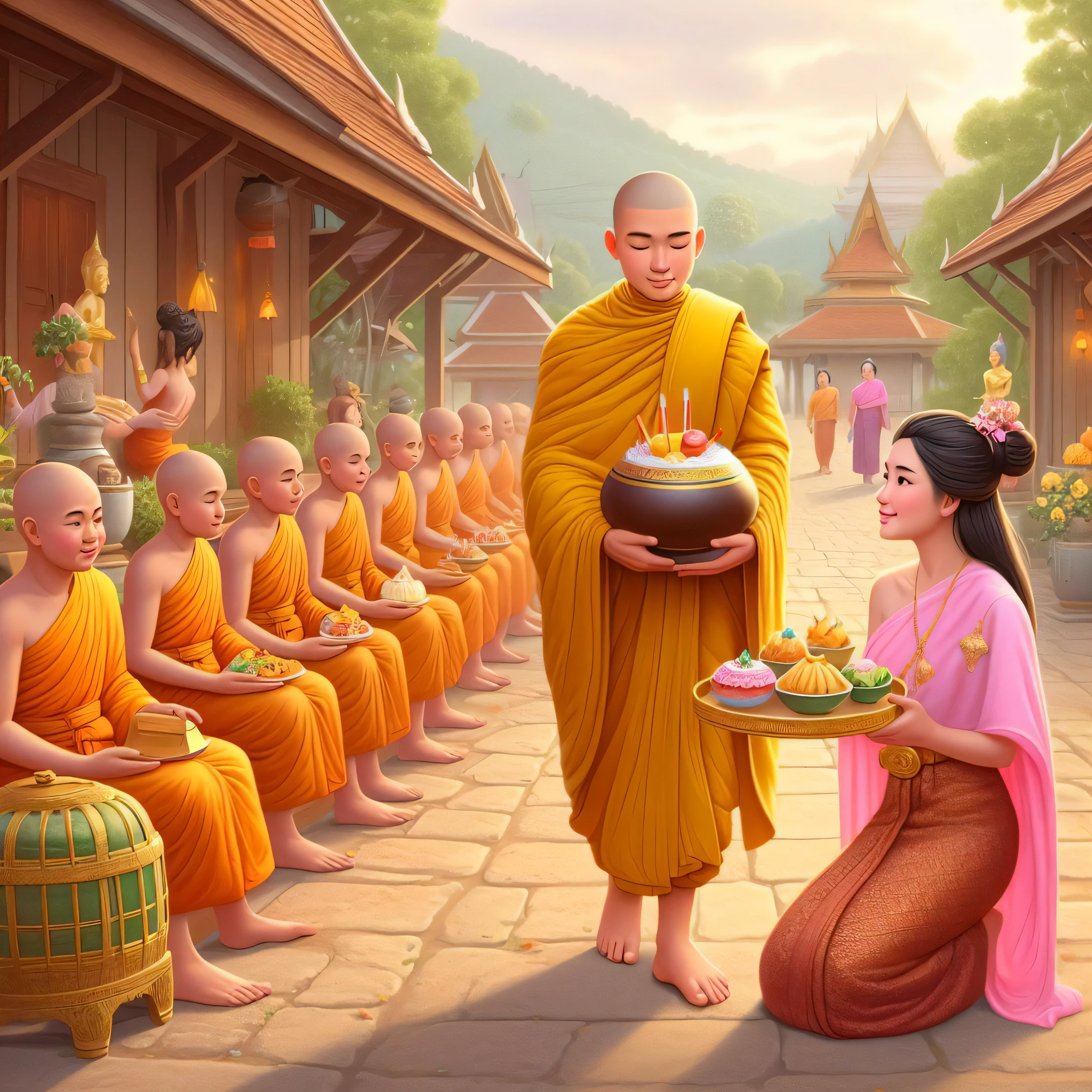 buddhist monk holding a plate of food with a woman in front of him, tithi luadthong, buddhism, buddhist, thailand art, by John La Gatta, buddhist monk, nivanh chanthara, monk clothes, buddhist art, monks, patiphan sottiwilaiphong, beautiful depiction, traditional, traditional art, artist unknown
