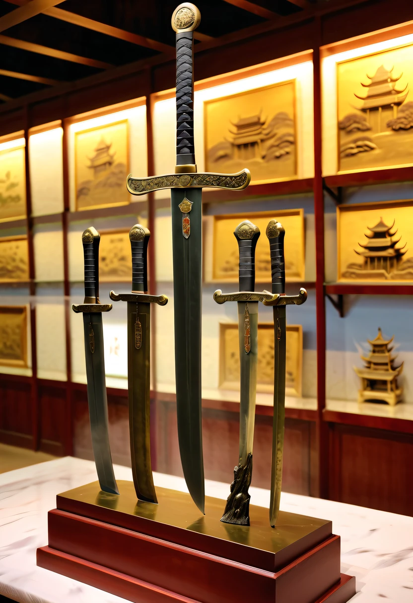 (Best quality,4K,A high resolution,ultra - detailed,actual:1.2),Ancient Chinese Bronze Theme Park，Ancient Chinese bronze sword on display shelf,