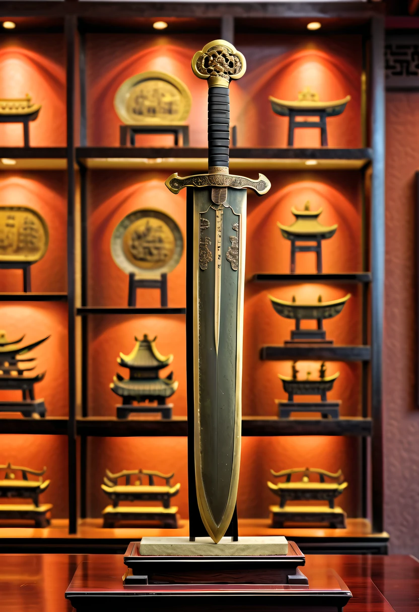 (Best quality,4K,A high resolution,ultra - detailed,actual:1.2),Ancient Chinese Bronze Theme Park,Ancient Chinese bronze sword on display shelf,