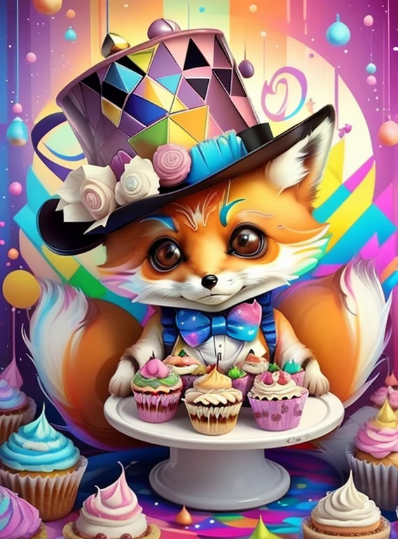 (cute baby fox with top hat with lots of cupcakes),(melhor pose),(best angle), (better expression), Eduardo Kobra acolchoamento ,multidimensional geometric wall PORTRAIT, arte, Chibi,
Yang08k, lindo, Colouring,
Primary works, qualidade superior, melhor qualidade, Arte Oficial, Beautiful and Aesthetic, pelos coloridos,