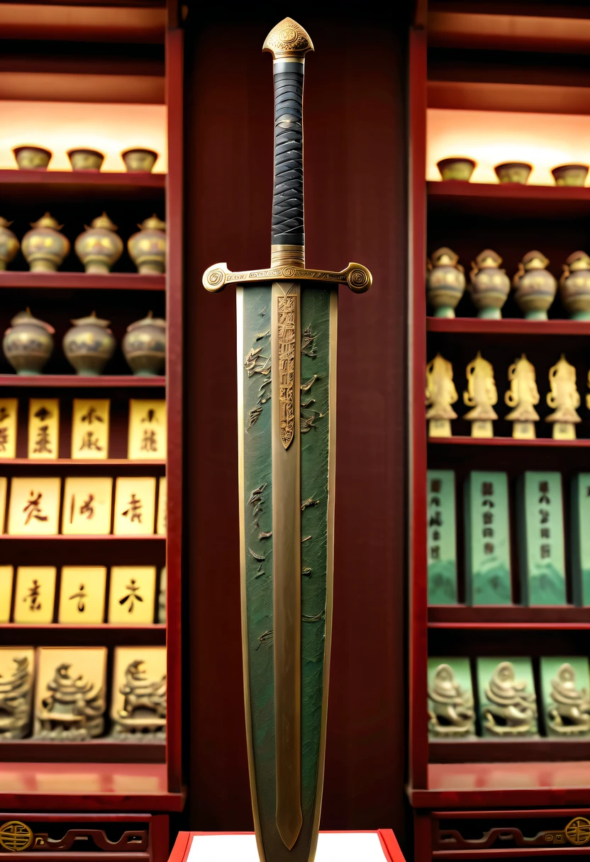(Best quality,4K,A high resolution,ultra - detailed,actual:1.2),Ancient Chinese Bronze Theme Park，Ancient Chinese bronze sword on display shelf,