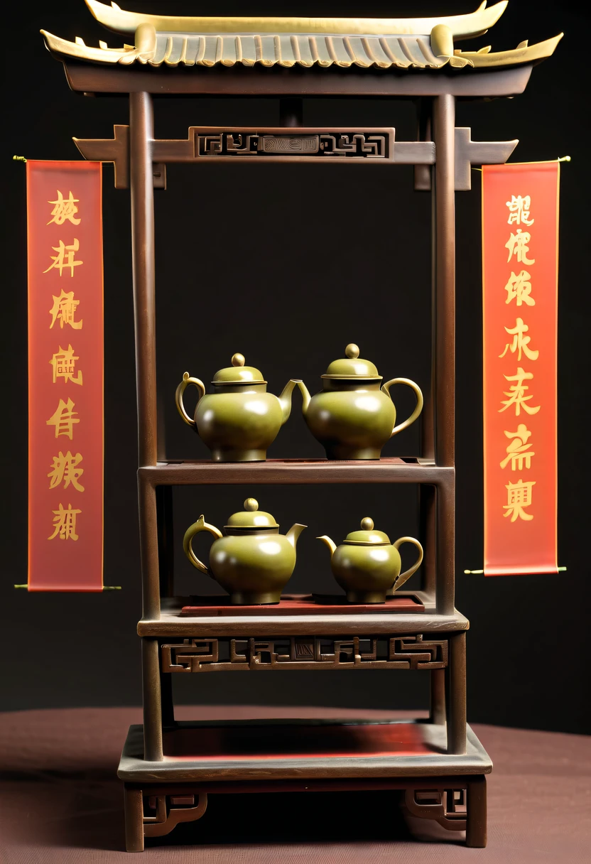 (Best quality at best,4K,A high resolution,ultra - detailed,actual:1.2),Ancient Chinese Bronze Theme Park,Ancient Chinese bronze tea sets on display shelves,