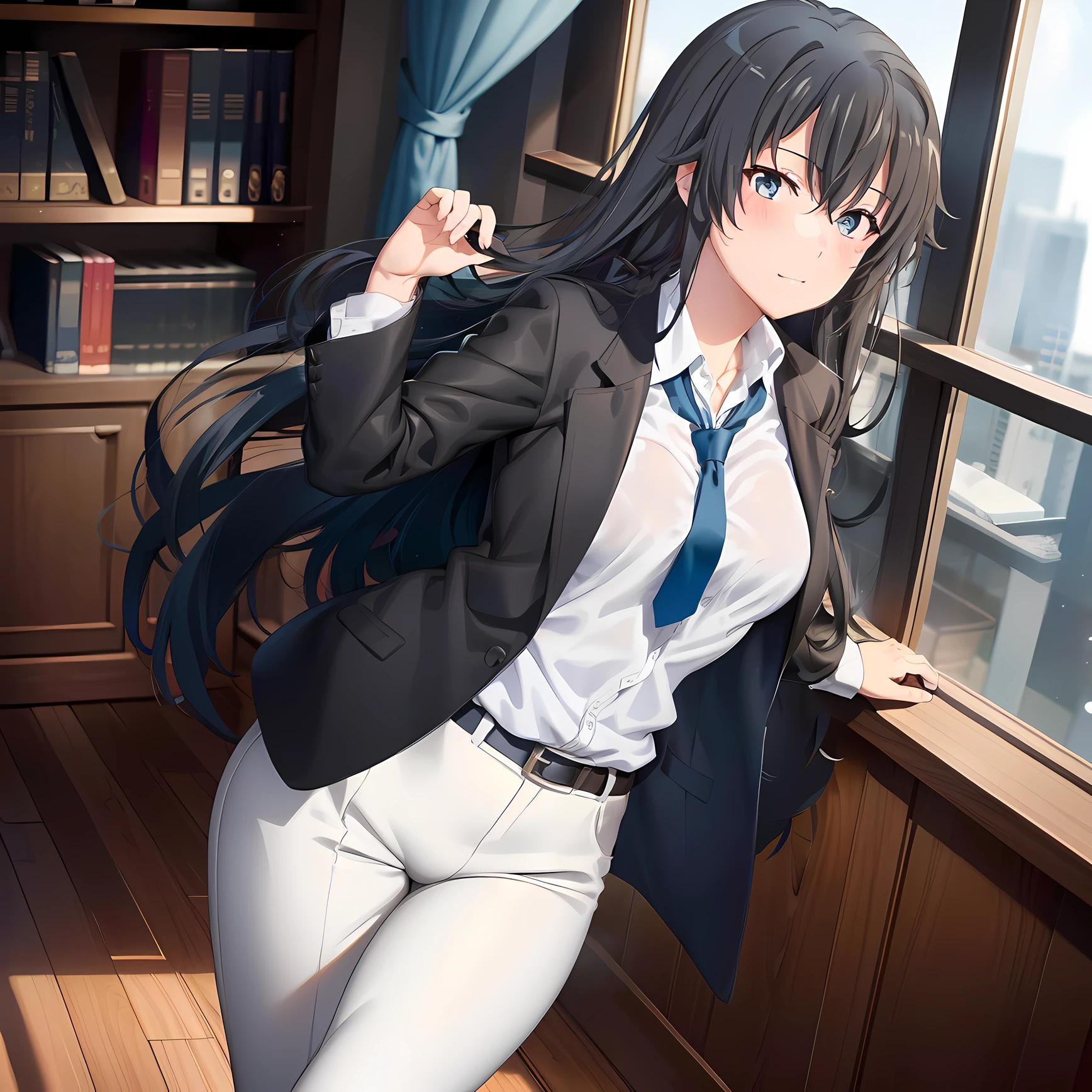 1GIRL , Yukinoshita yukino , Yukinoshita yukino,woman in formal attireactive suit tuxedo tailcoat standing in a large alcove in the room, 1girl, solo, necktie, black hair, blue eyes, long hair, smile, jacket, looking at viewer, shirt, pants, blue necktie, collared shirt, white pants, white shirt, indoors, bangs, long sleeves, closed mouth, window, black jacket, blush, cowboy shot, formal, suit, full body