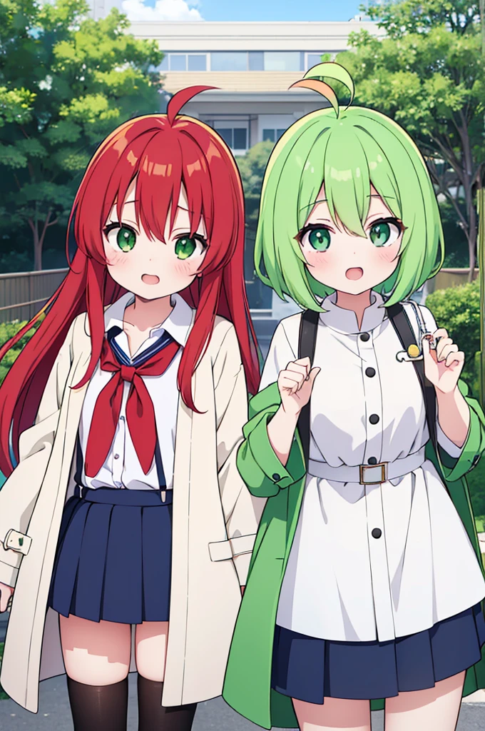 ((masutepiece)),(((Highest Quality))),(Pay attention to the attractive face),s girl,red hairs,anime big ahoge,short-hair,green colored eyes,Manteau blanc,Shirt with suspenders under white coat,Navy short skirt under the white coat,Have a test tube
