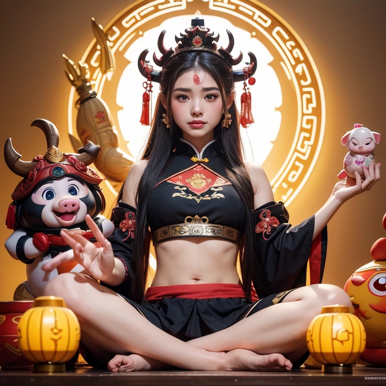 pig woman with a crown, in a lotus position, anthropomorphic warrior pig, an exhausted deity, asura from chinese myth, keqing from genshin impact, zhongli from genshin impact, bison god, the god of oatmeal, dog as a god, the non-binary deity of spring, taoist priest, negao, humanized, human woman face, 4k and 8k, best quality, beautiful, trending on deviant art, masterpiece