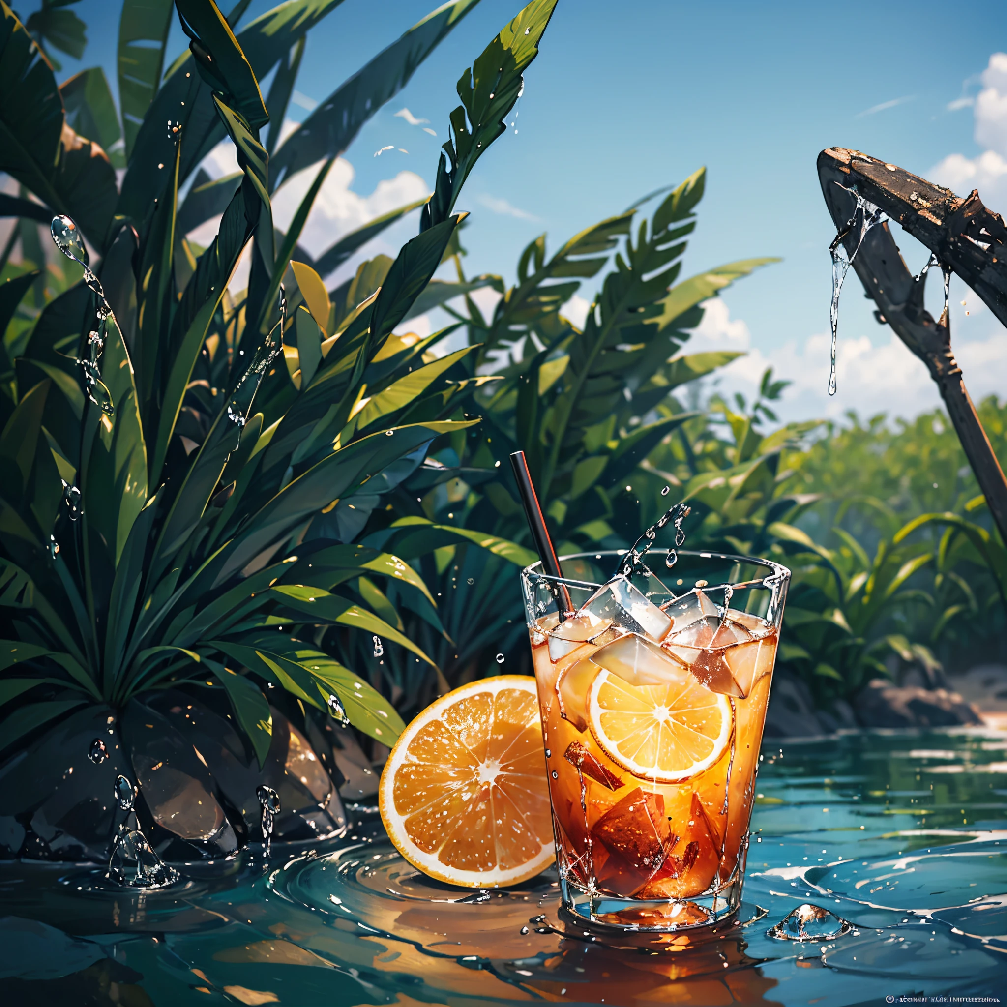 4K ultra-realistic summer illustration, Macro photography depicting a picnic scene themed around a summer vacation on the tropical beach. The protagonist of this photo is a fresh glass filled with cold carbonated drinks. The lens focuses on the glasses, Fruit, sol deslumbrante do meio-dia, lentes olho de peixe, Distant Visions, a healthy meal, (Splashed liquid: 1.6), gelo, (Cena de piquenique: 0.5) (sobremesa bonito: 0.4), Pingando. It's filled with carbonated drinks, translucent liquid, luzes exteriores diurnas (Praia 1.2), Plantas tropicais, Clima quente, Detalhe HD, wet watermark, hiperdetalhe, cinemactic, Surrealismo, luz suave, bokeh focado em campo profundo, ray tracing, Difuso (ultra-fine glass reflection), e Surrealismoo. --auto --s2
