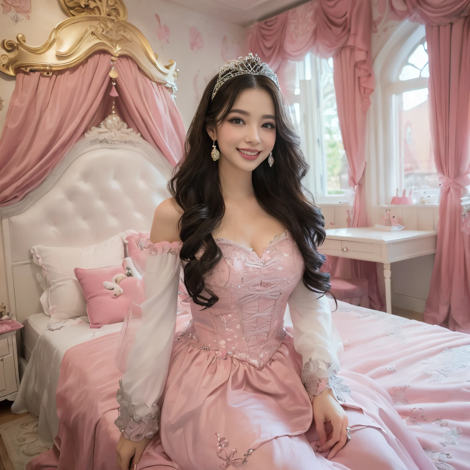 ((top-quality、masutepiece、8K、Top image quality))、(1 photo:1.5)、Highly saturated、Vivid、Very bright、1 Princess、(pink intricate princess dress:1.3)、(Upper body shot of a woman sitting on a bed:1.5)、(Upper body photo:1.5)、(The happiest smile:1.2)、View me、waved hair、(The background is a very large pink and white room:1.3)、(A pink and white fairy tale princess room recreated in every detail.:1.5)、(Rooms with a sense of openness:1.3)、lipsticks、Perfect makeup、long eyelashes、de pele branca、(accurate anatomy:1.3)、(huge pink bed:1.3)、(Cute curtains:1.2)、(large amount of pink rose decoration:1.1)、(White fur carpet:1.2)、(Cute stuffed animal:1.2)、(The most luxurious and cute princess&#39;s fairy tale room:1.3)