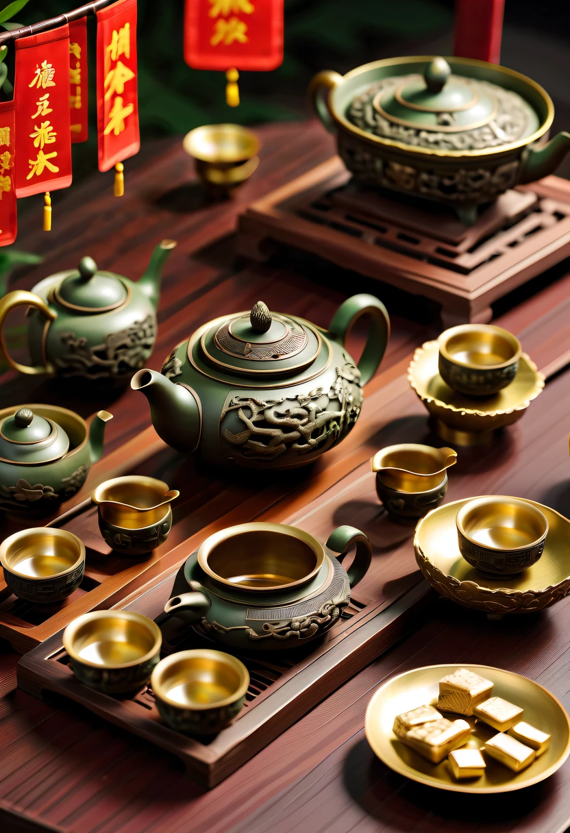 (Best quality,4K,A high resolution,ultra - detailed,actual:1.2),Ancient Chinese Bronze Theme Park，Ancient Chinese Bronze Tea Set,