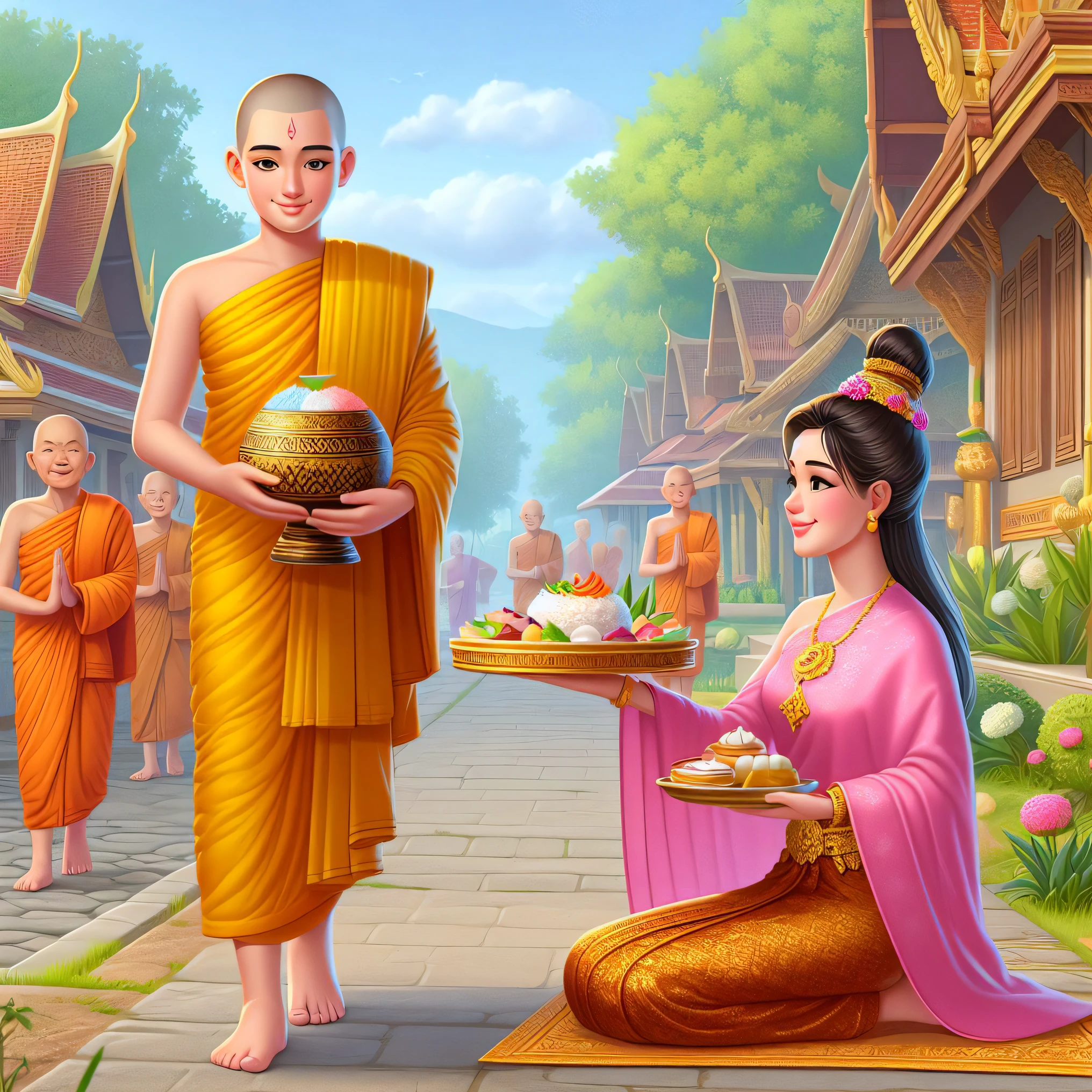 arafed image of a monk and a woman holding a tray of food, thailand art, buddhism, temple background, buddhist, monk clothes, vietnamese temple scene, buddhist monk, a beautiful artwork illustration, patiphan sottiwilaiphong, tithi luadthong, nivanh chanthara, monks, in style of thawan duchanee