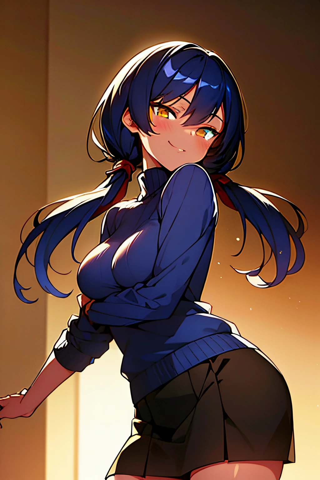 Masterpiece, best quality, 1girl, beautiful detailed eyes, finely detailed, dark blue hair, low twintails, golden eyes, clothes: turtleneck and skirt, dark skin, smug face