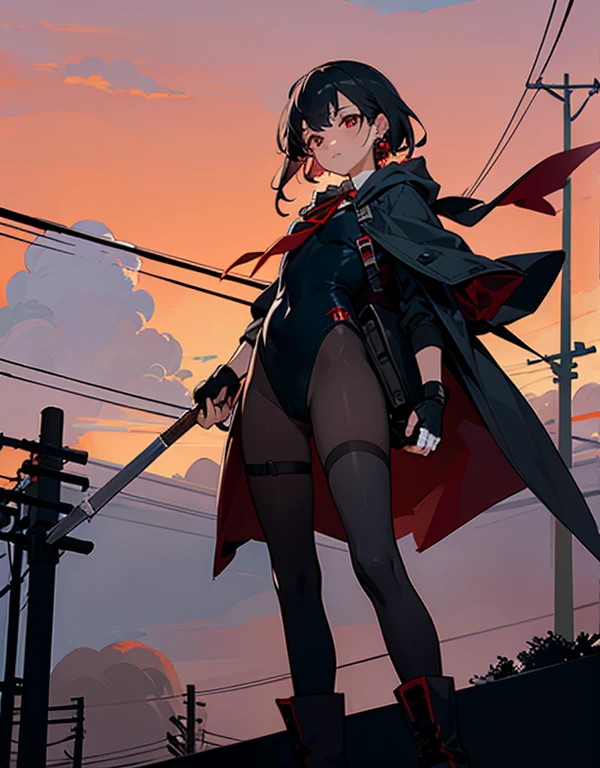 ((masterpiece,best quality)),1girl, from below, solo, hood, black hair, sky, cloud, red eyes, leotard, looking at viewer, building, cloudy sky, power lines, cityscape, scenery, city, night, school bag, fingerless gloves, holding weapon, cloak, boots, pantyhose, thighhighs, neck ribbon, earrings, military uniform,