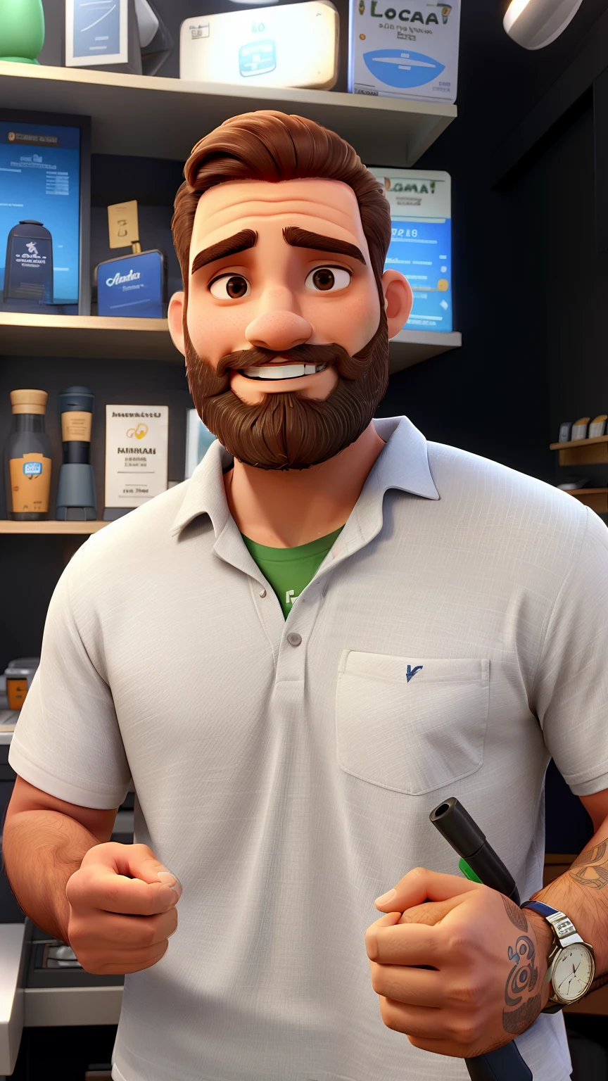 Um homem de cabelo cortado com pouca barba vestindo uma camiseta polo