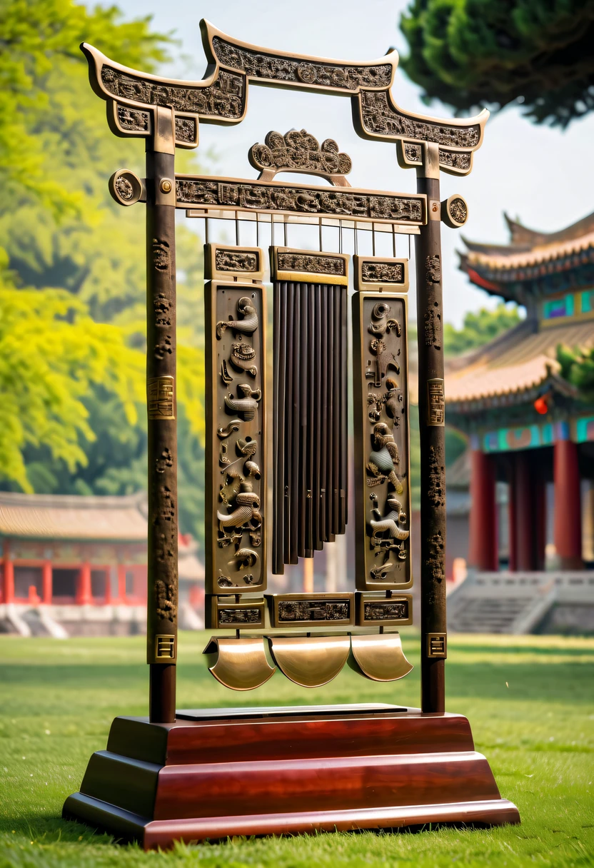 (Best quality at best,4K,A high resolution,ultra - detailed,actual:1.2),Display of ancient Chinese bronzes,Huge ancient bronze instruments chime on the lawn,