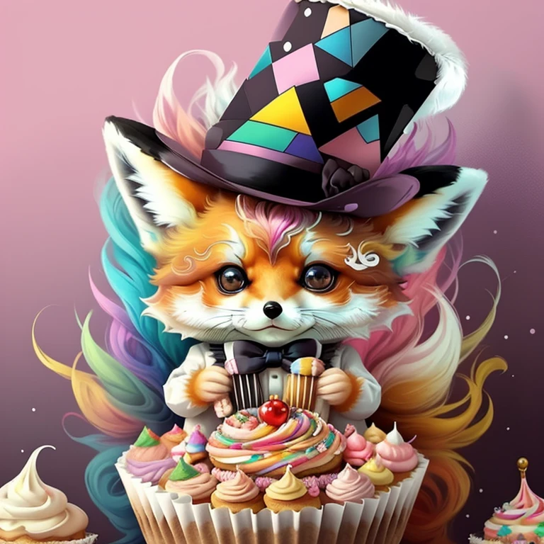 (cute baby fox with top hat with lots of cupcakes),(melhor pose),(best angle), (better expression), Eduardo Kobra acolchoamento ,multidimensional geometric wall PORTRAIT, arte, Chibi,
Yang08k, lindo, Colouring,
Primary works, qualidade superior, melhor qualidade, Arte Oficial, Beautiful and Aesthetic, pelos coloridos,