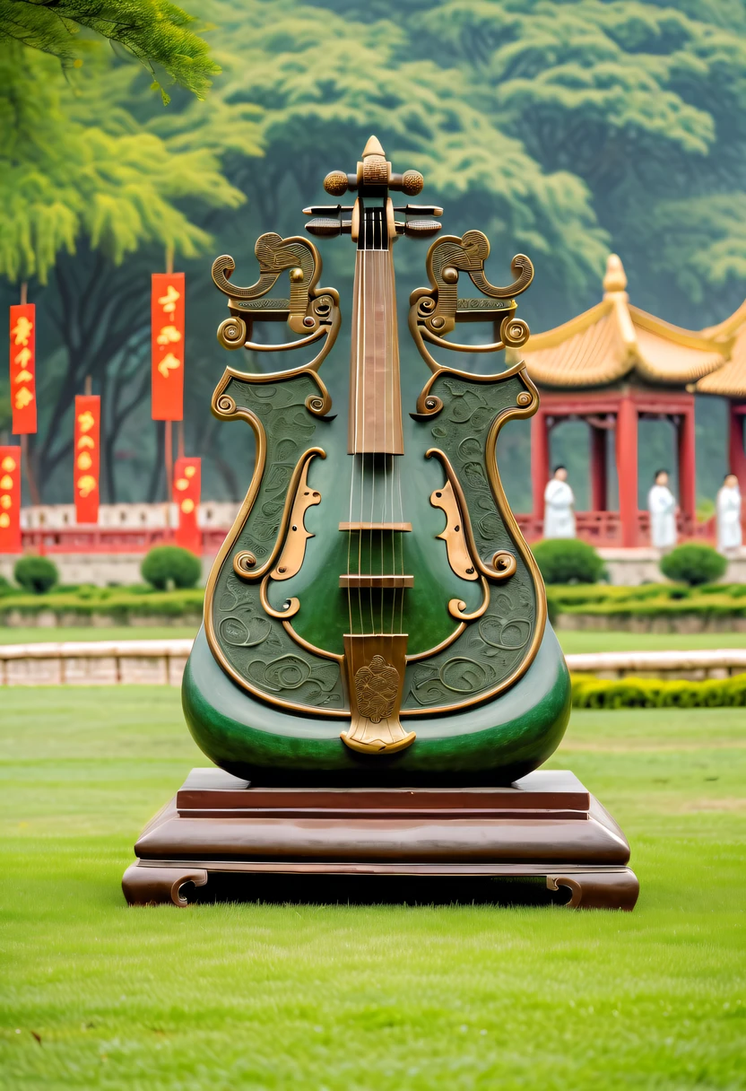 (Best quality at best,4K,A high resolution,ultra - detailed,actual:1.2),Huge ancient bronze musical instrument on the lawn,Display of ancient Chinese bronzes,
